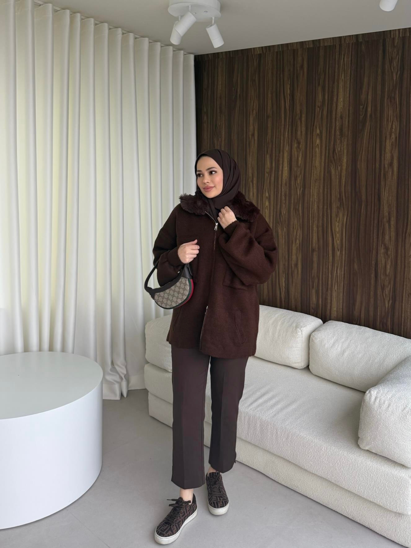 Kürklü Fermuarlı Triko Hırka Kahverengi