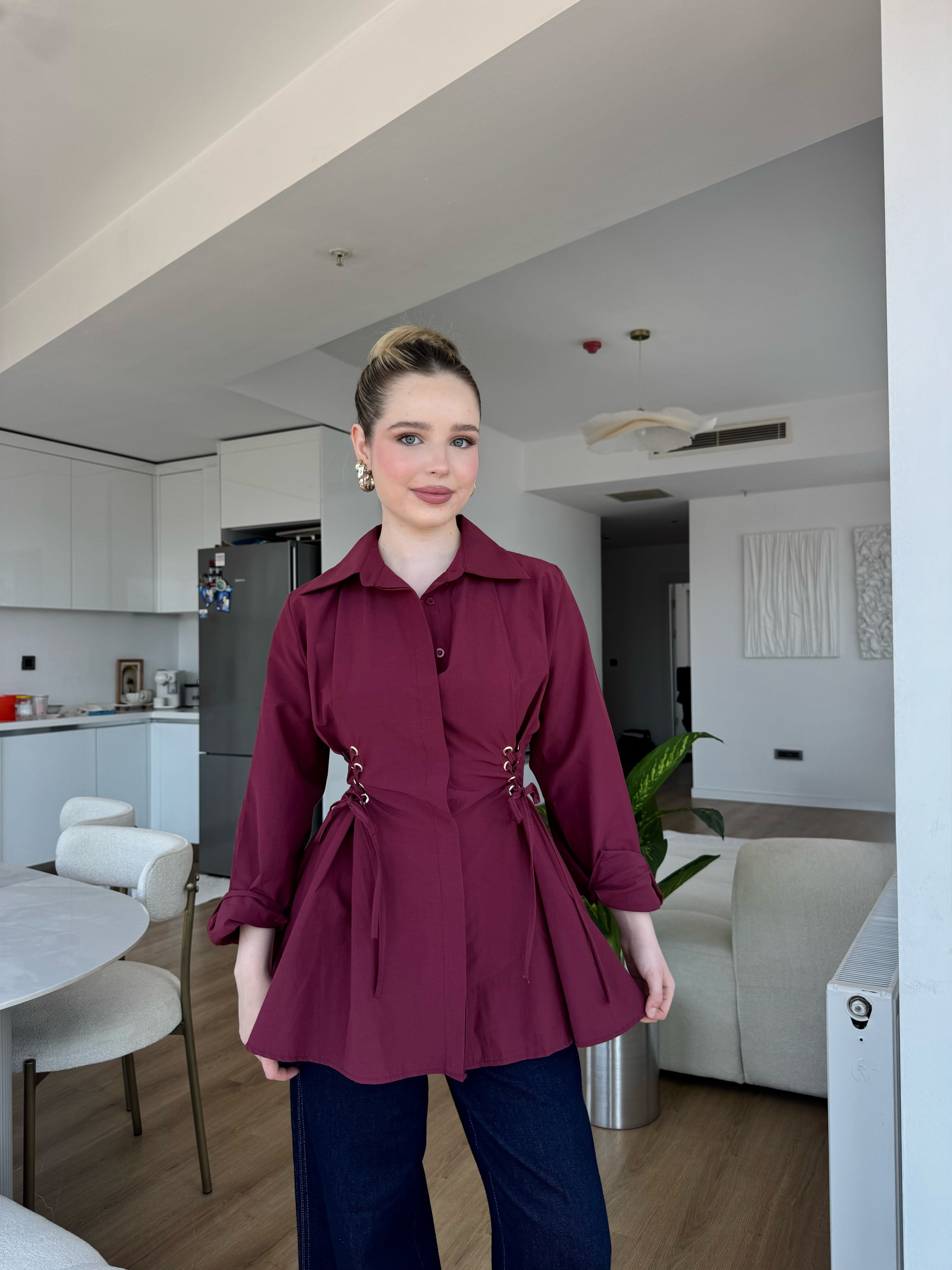 Kuş Gözü Detaylı Gömlek Bordo