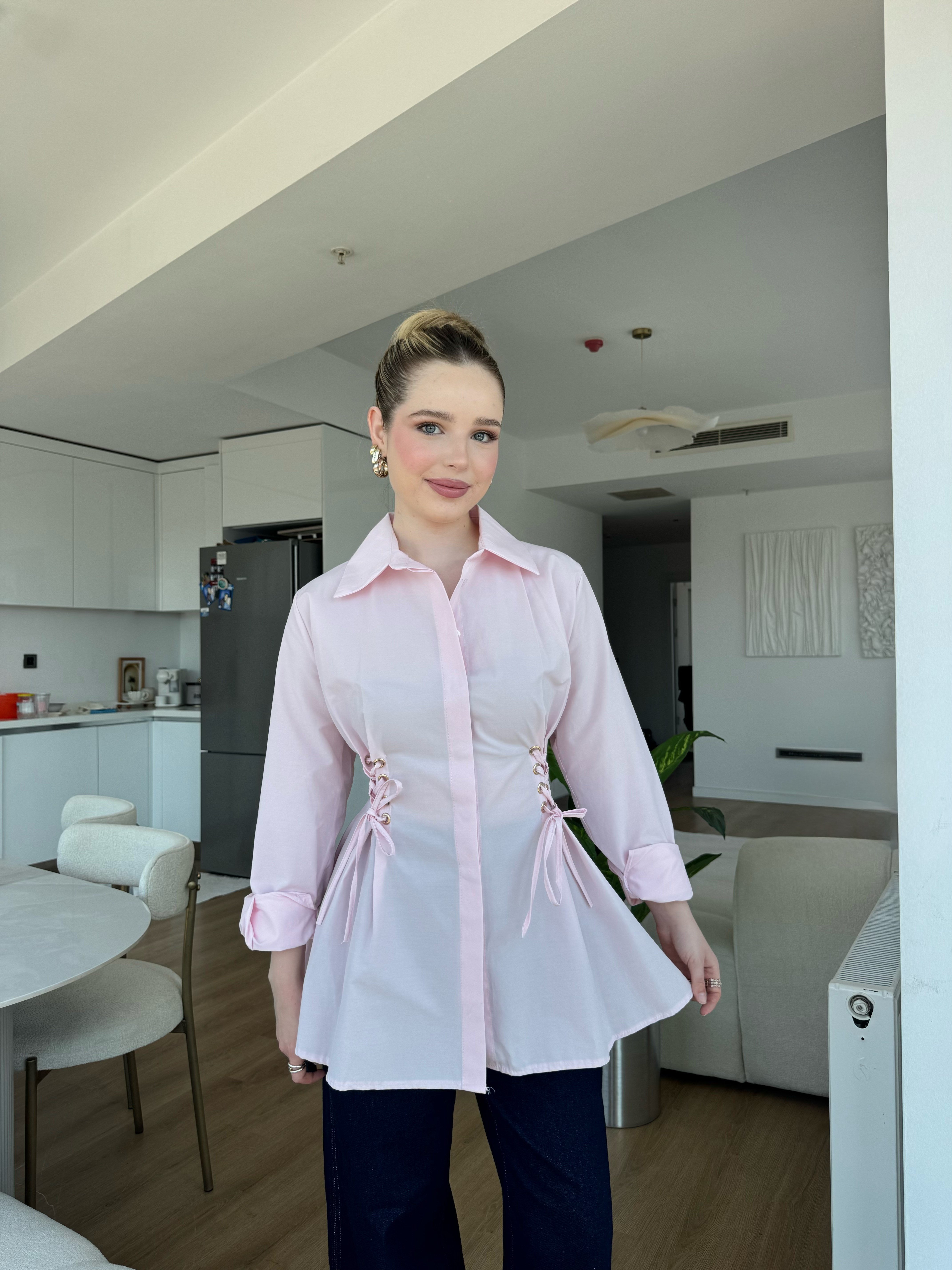 Kuş Gözü Detaylı Gömlek Pembe