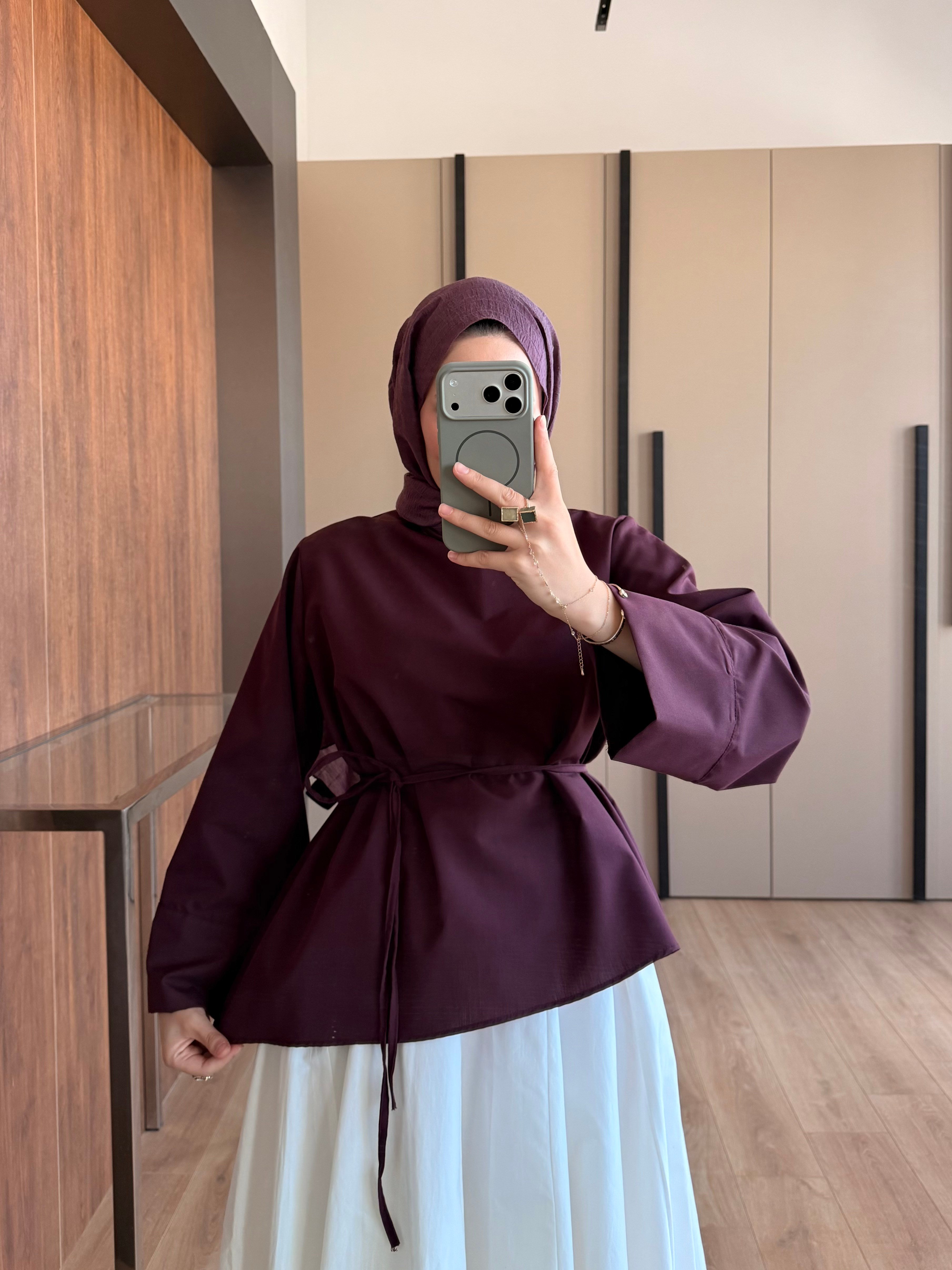 Kuşaklı Çapraz Poplin Gömlek Bordo