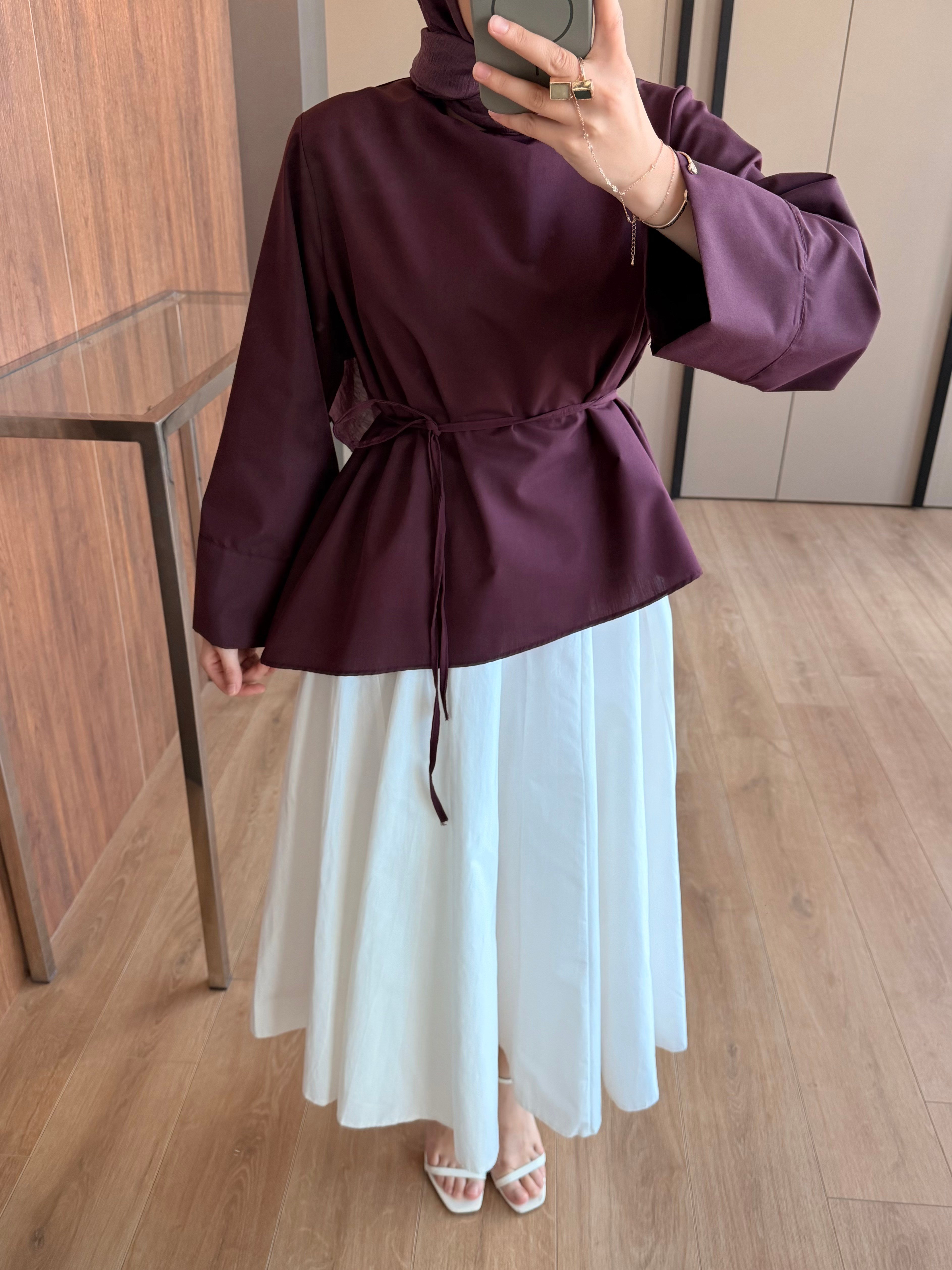 Kuşaklı Çapraz Poplin Gömlek Bordo