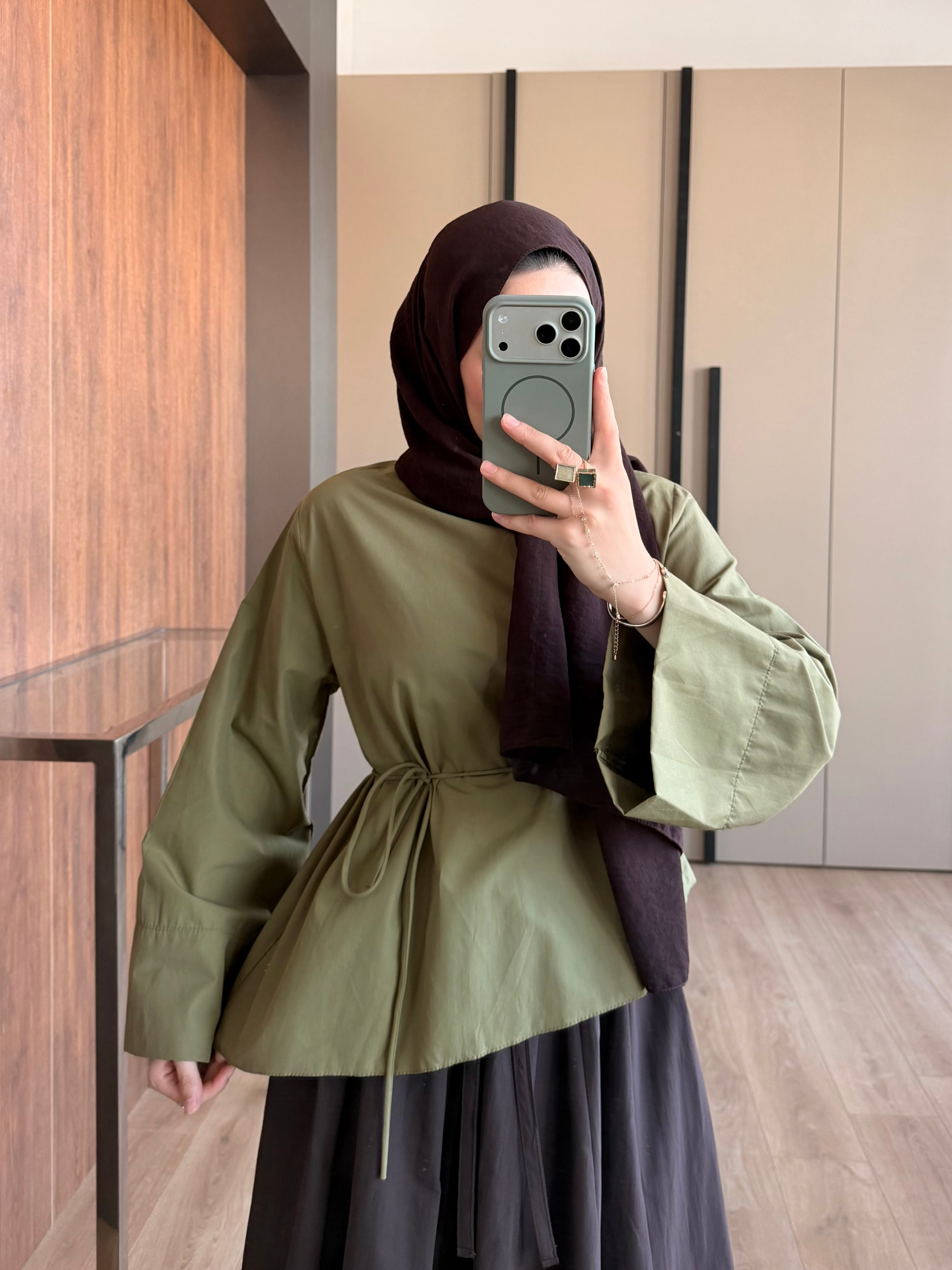 Kuşaklı Çapraz Poplin Gömlek Haki