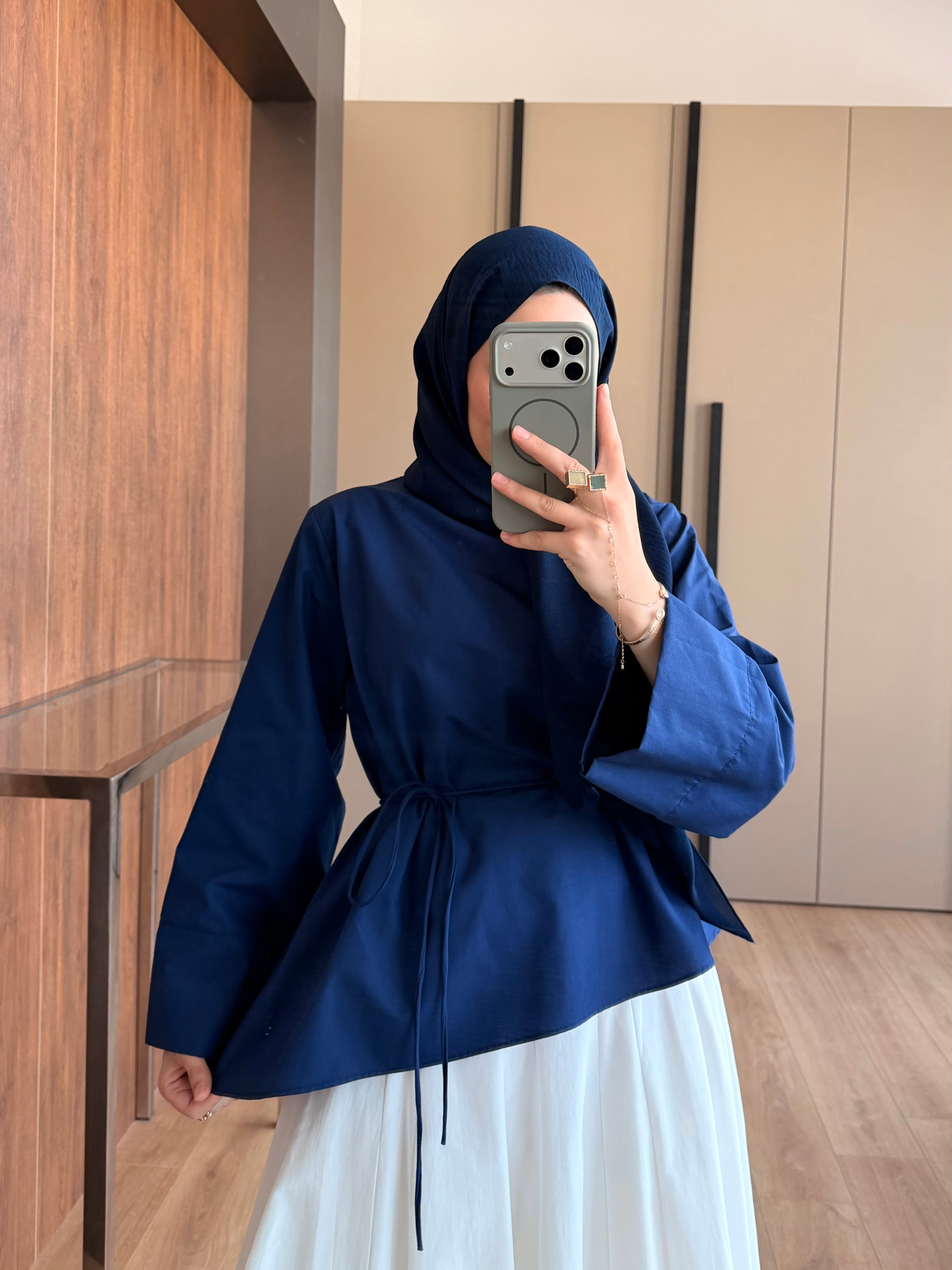 Kuşaklı Çapraz Poplin Gömlek Lacivert
