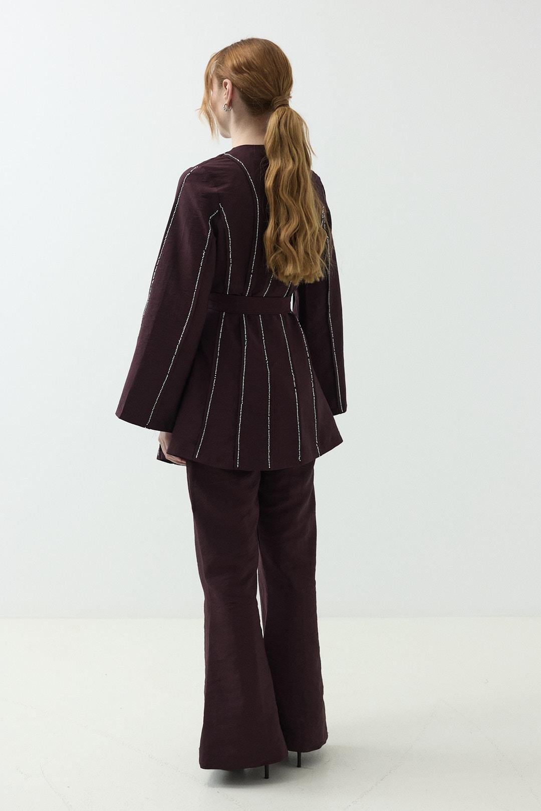 Nervür Taşlı Pantolon Takım Burgundy
