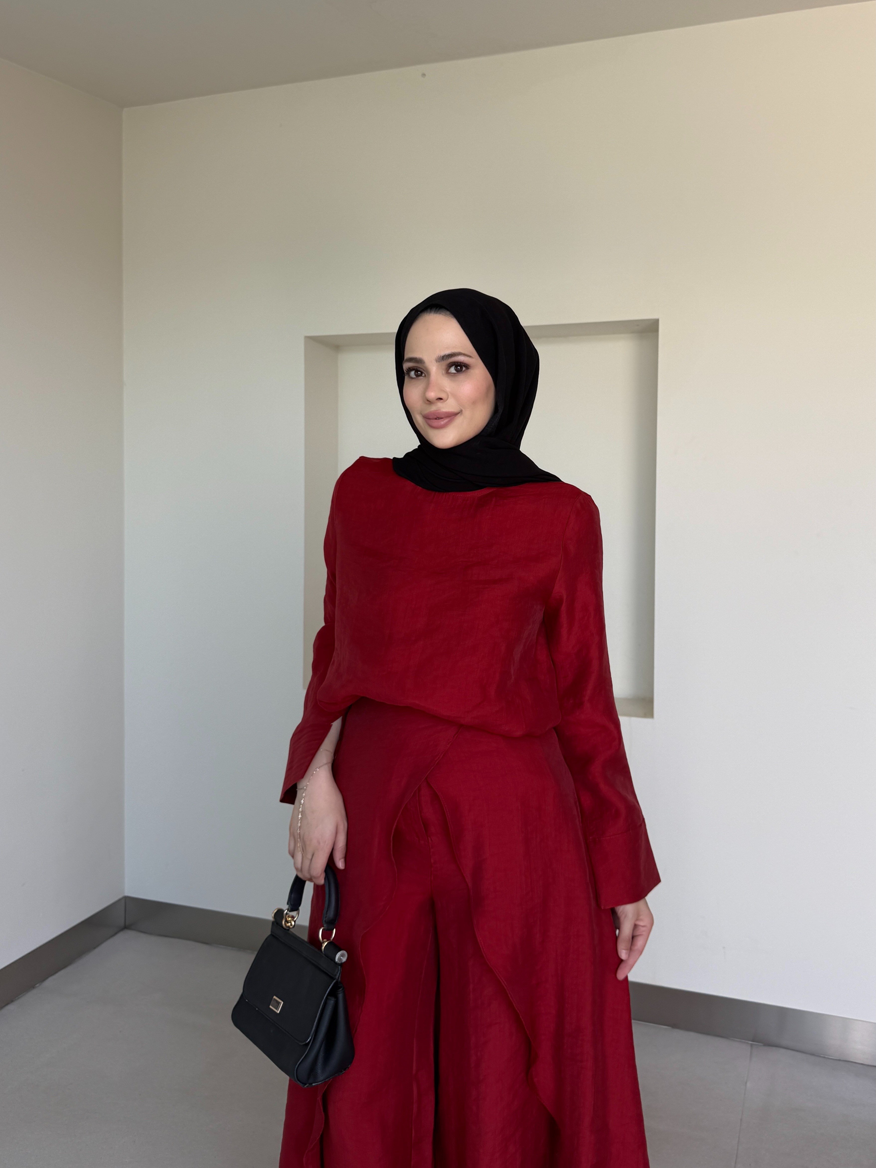 Pantolonlu 3'lü Tesettür Takım Bordo