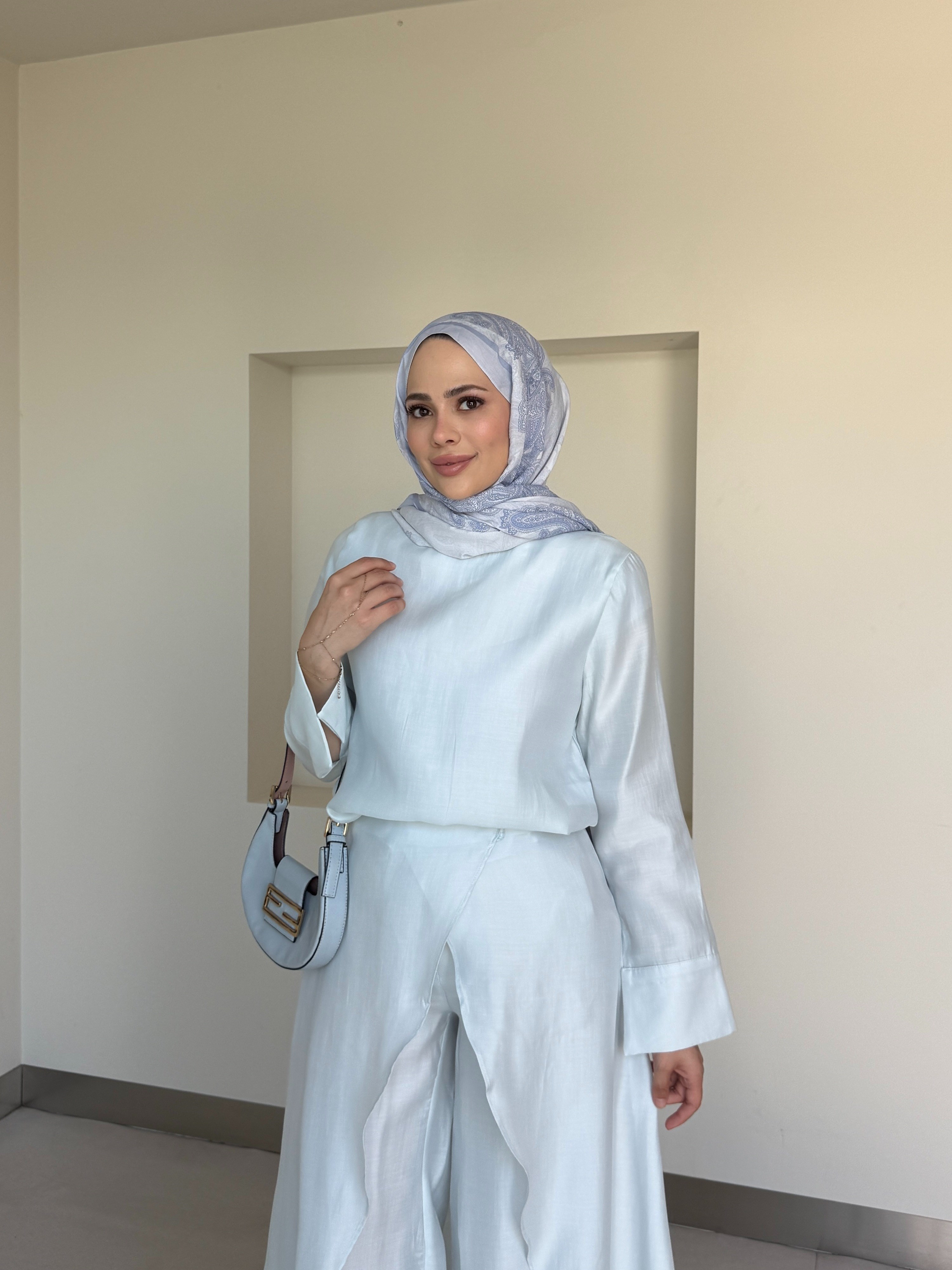 Pantolonlu 3'lü Tesettür Takım Buz Mavisi