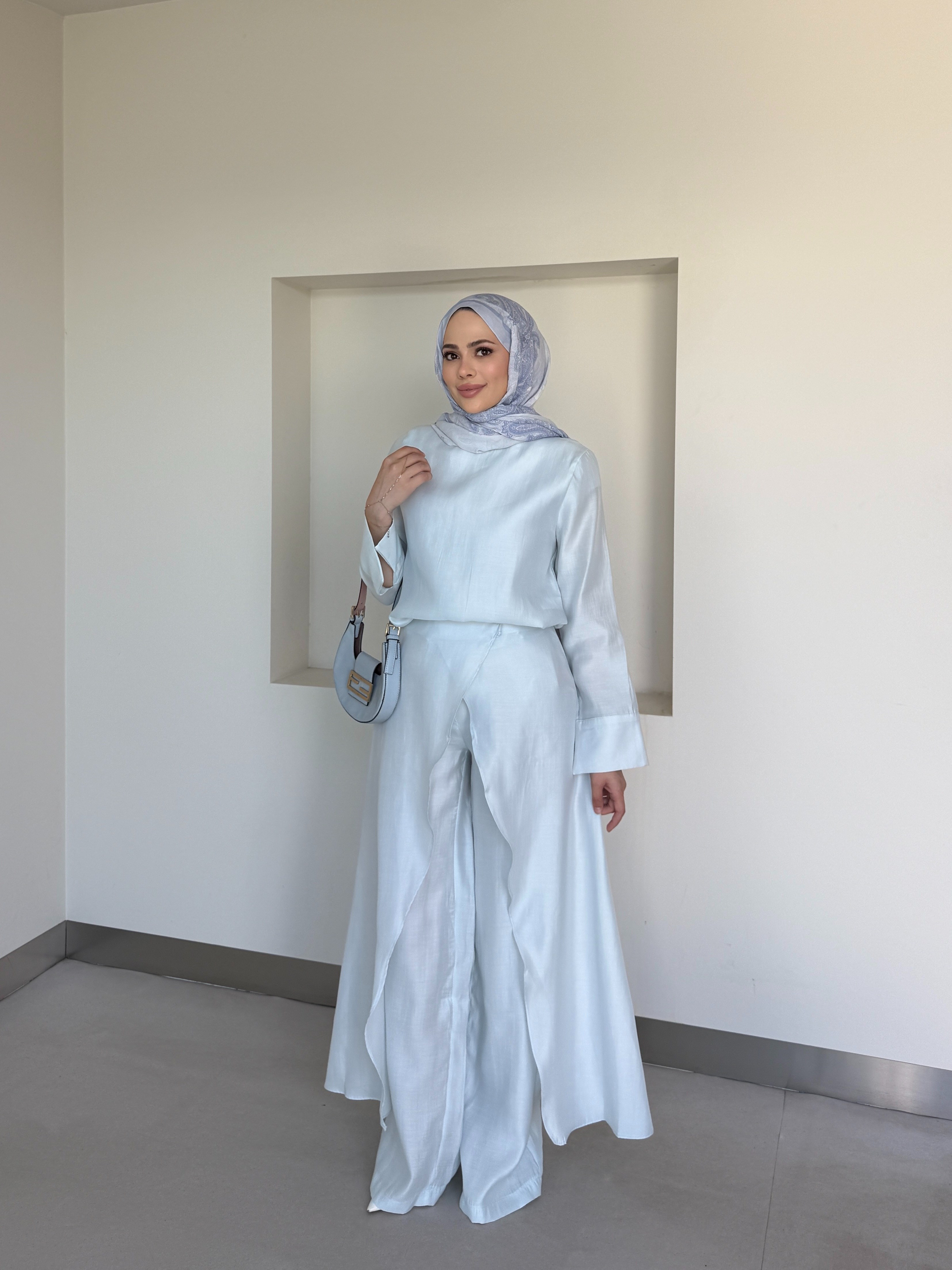 Pantolonlu 3'lü Tesettür Takım Buz Mavisi