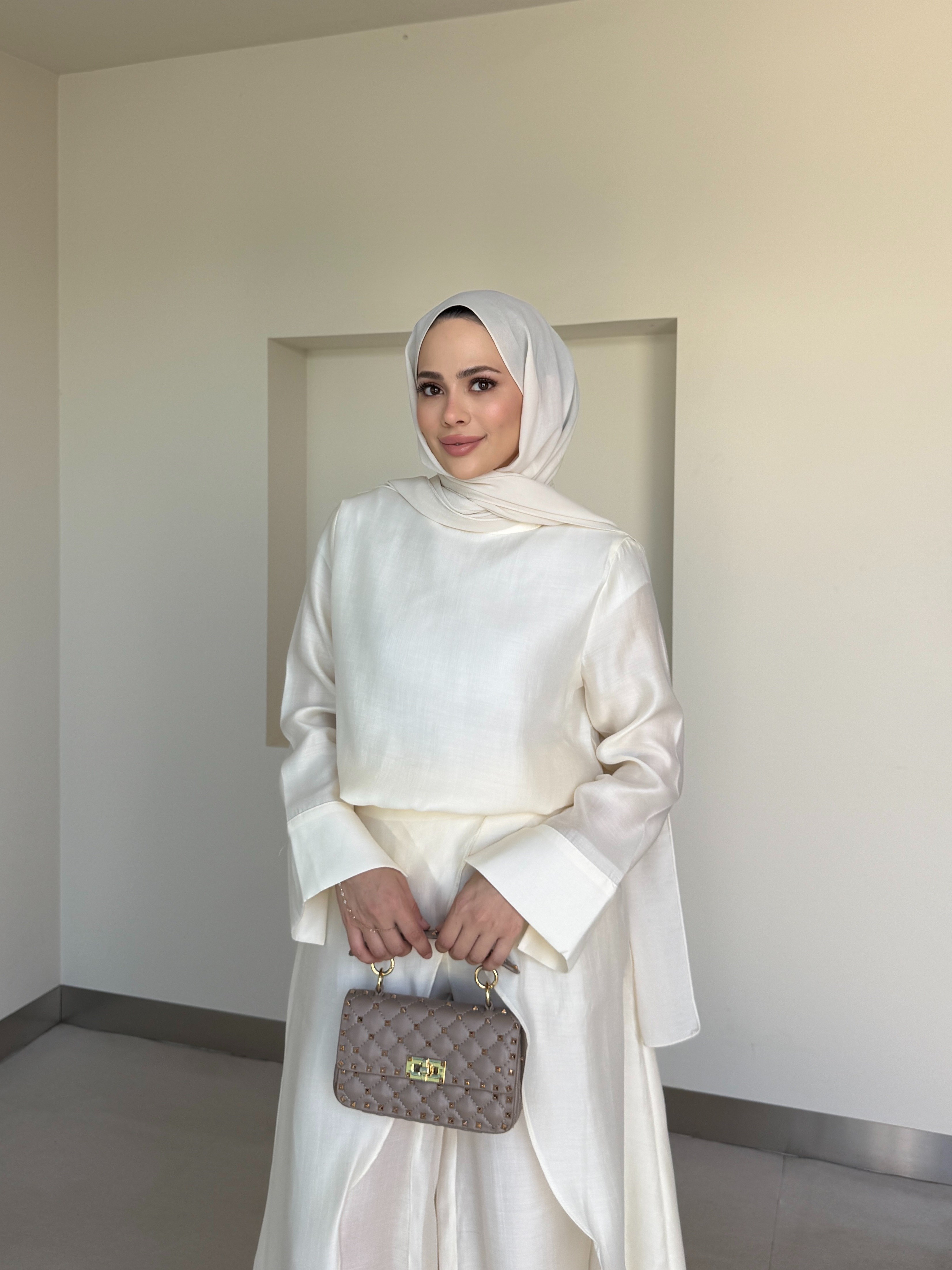 Pantolonlu 3'lü Tesettür Takım Ekru