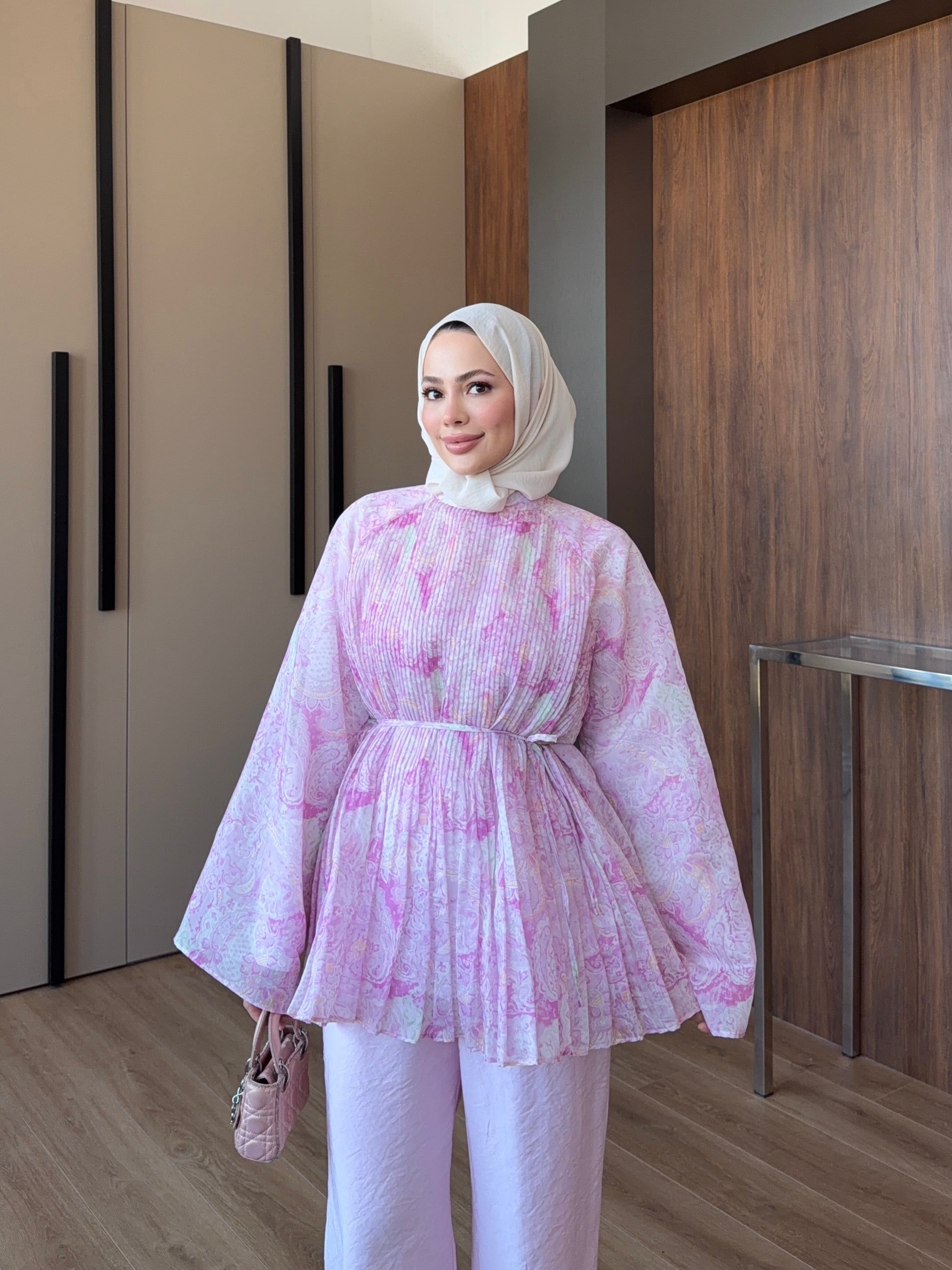 Piliseli Kuşaklı Pantolon Takım Pembe