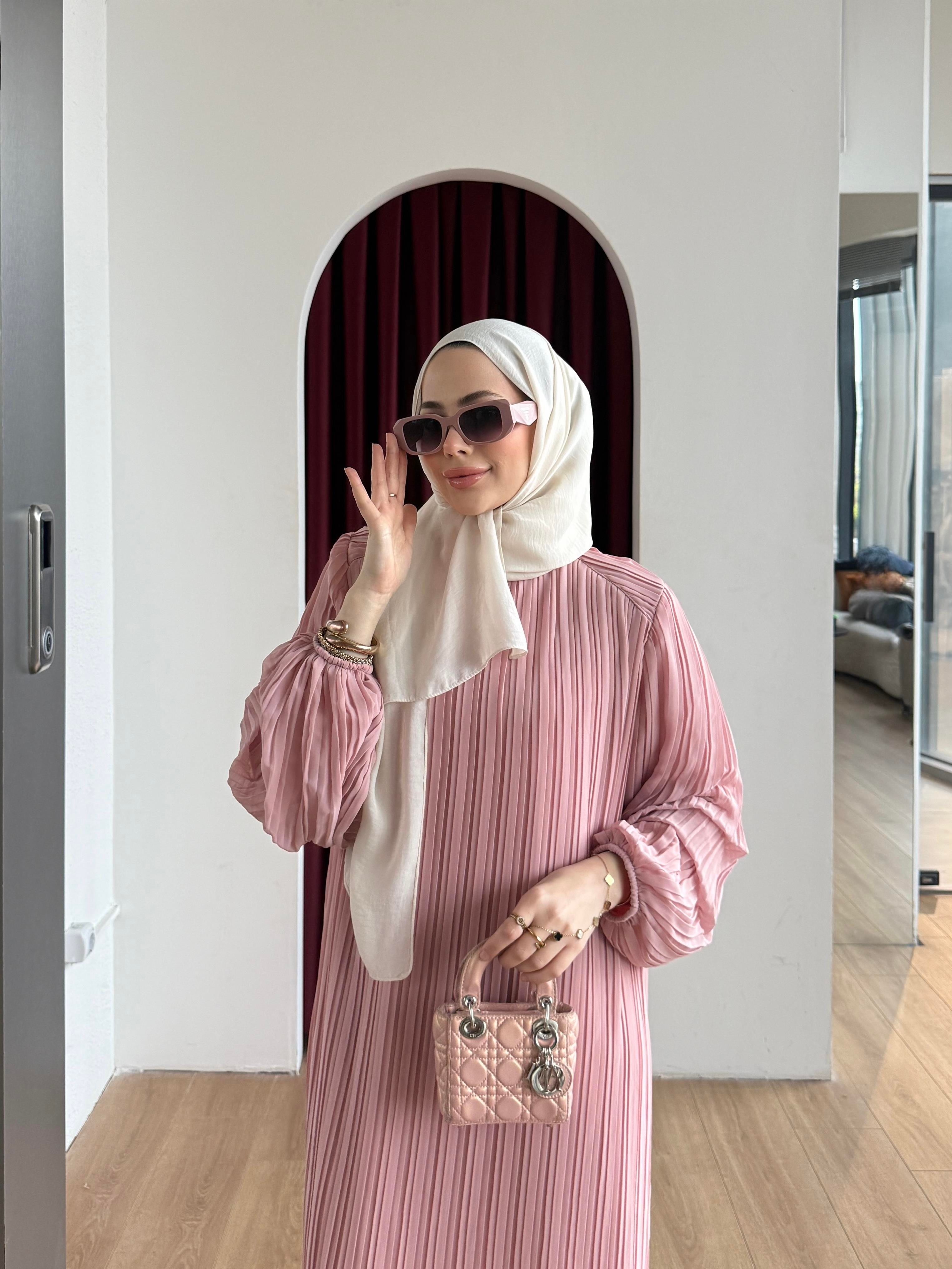 Piliseli Şifon Elbise Pembe 
