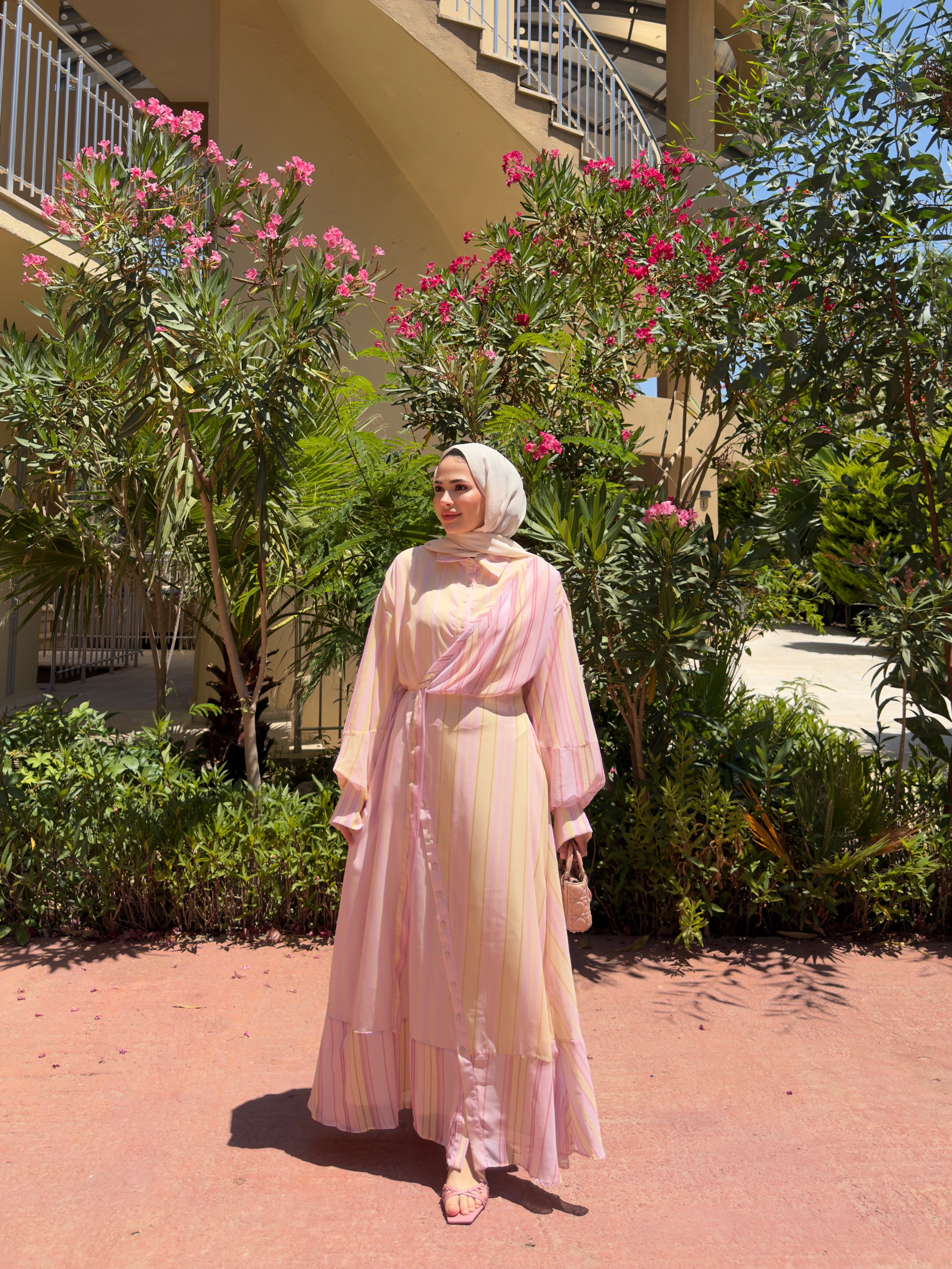 Renkli Şifon Elbise Pembe