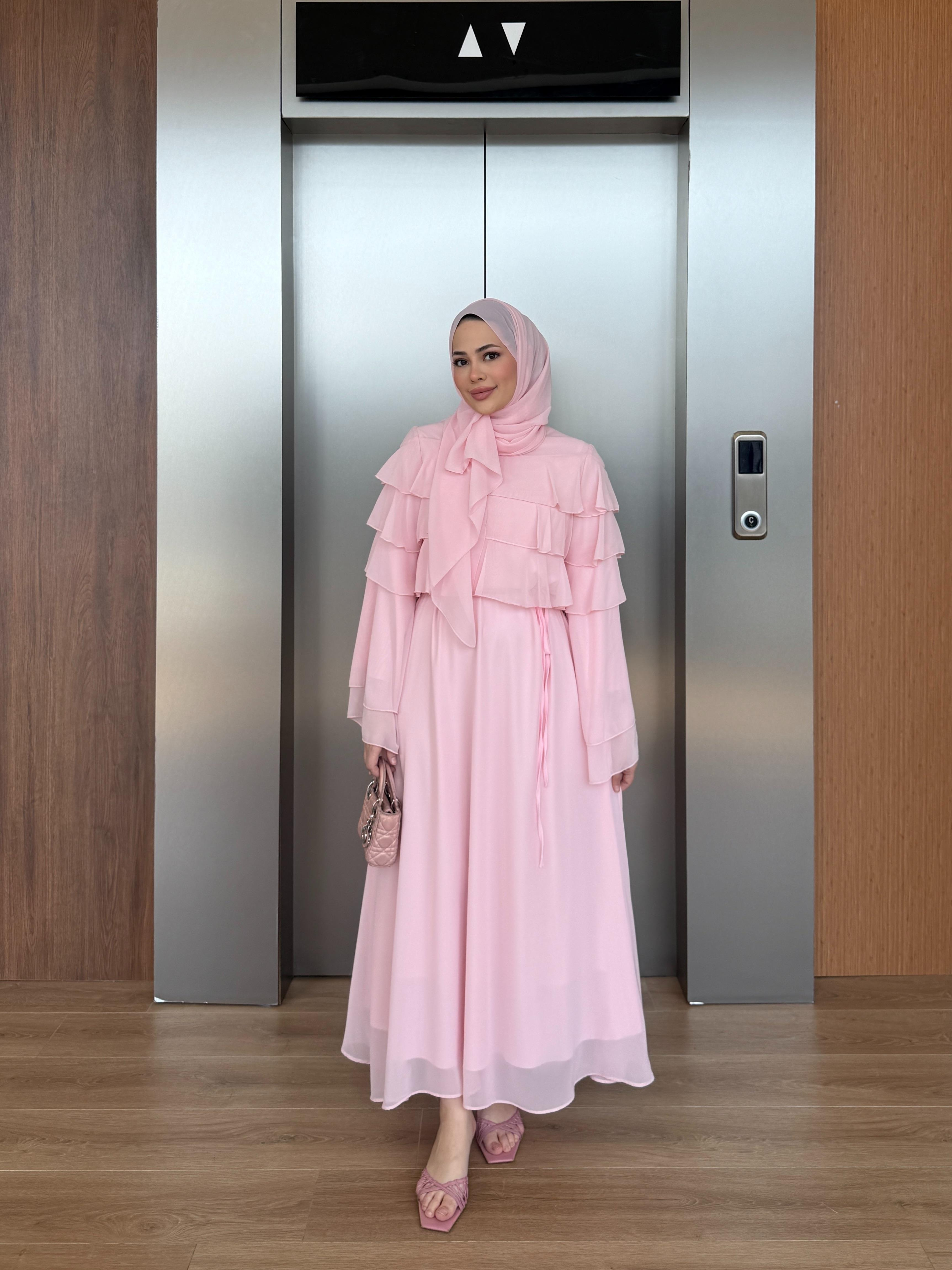 Şallı Kuşaklı Şifon Elbise Pembe