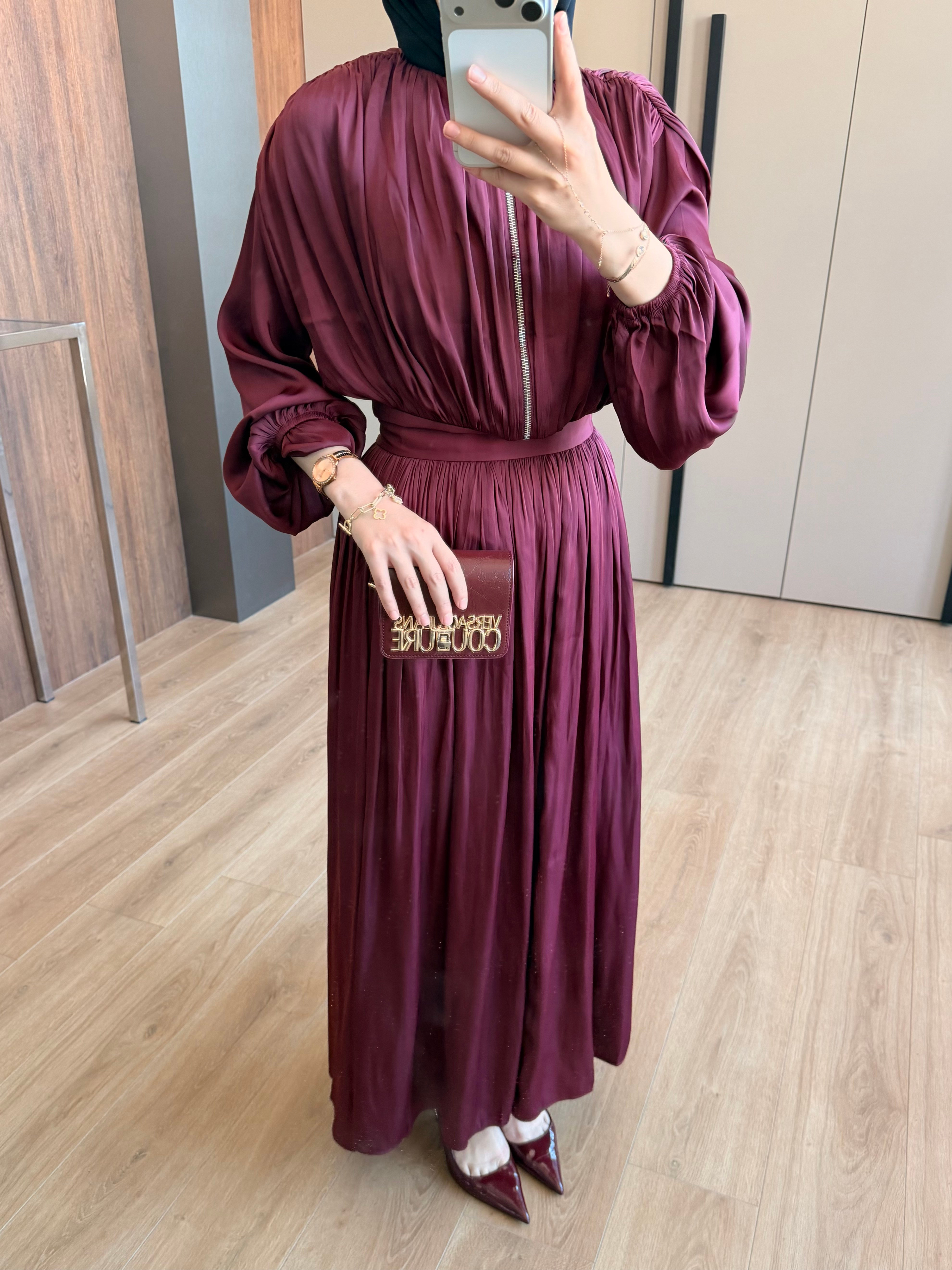 Saten Fermuarlı Etekli Takım Bordo