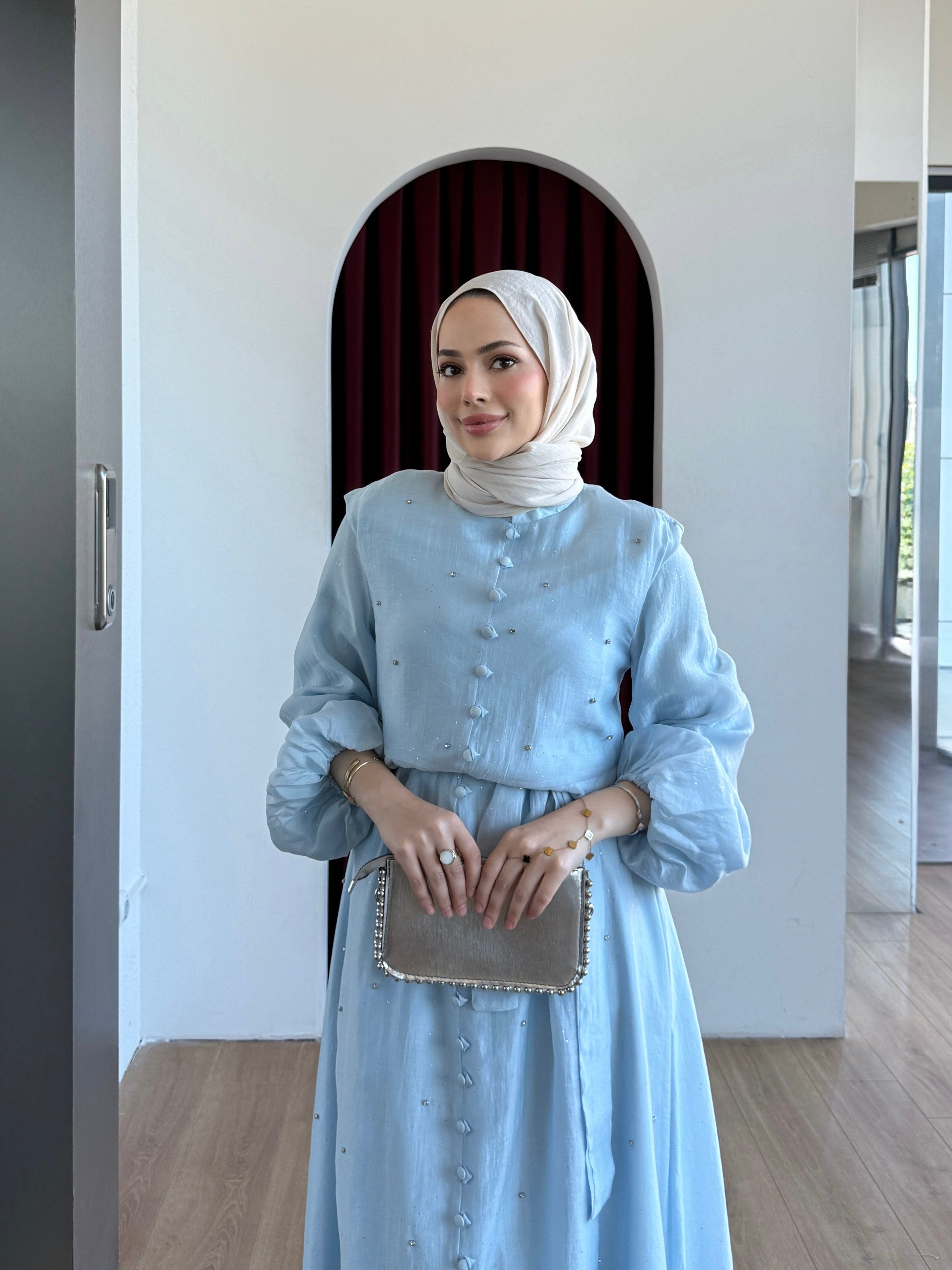 Simli Taşlı Organze Elbise Mavi