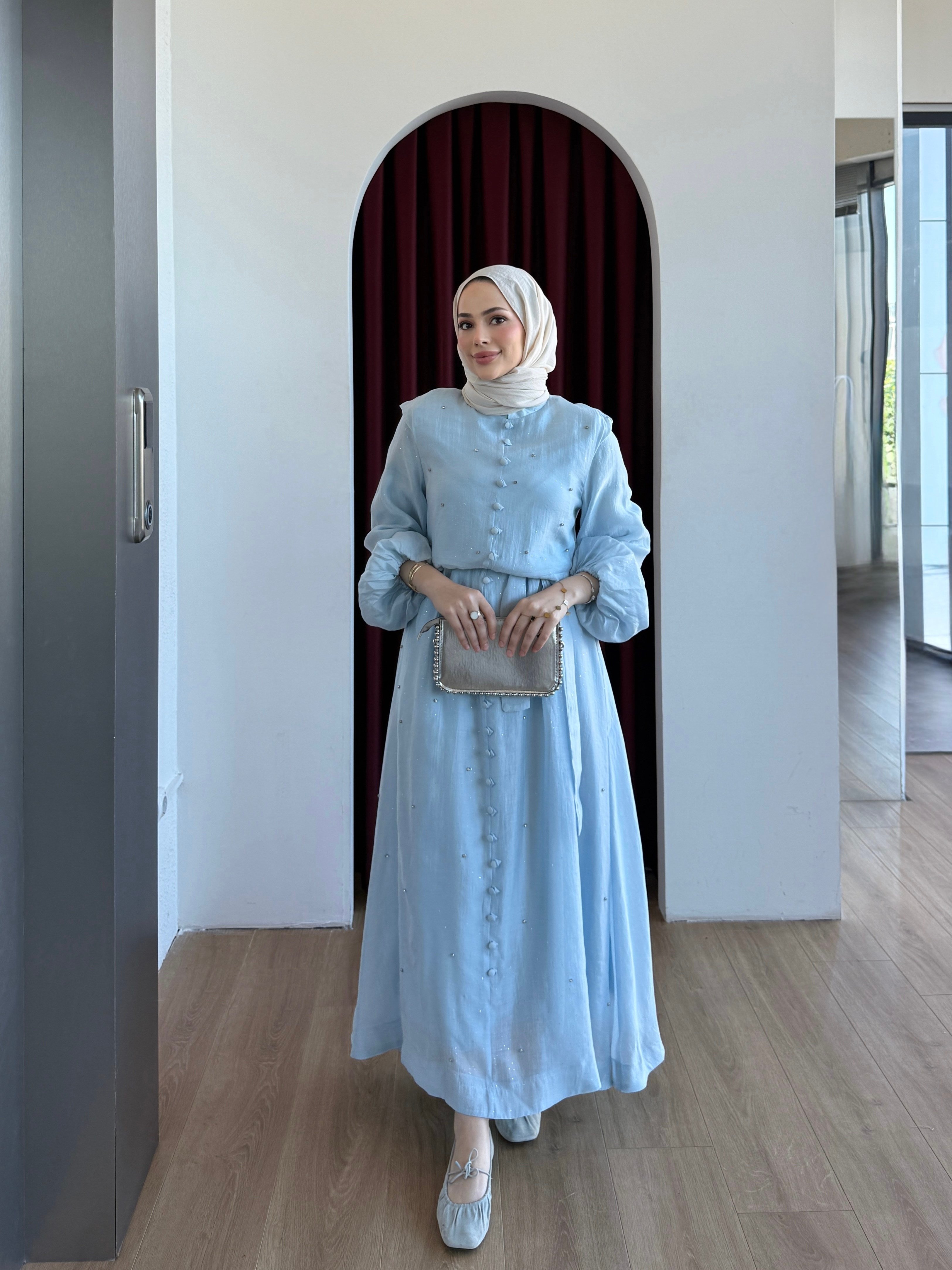 Simli Taşlı Organze Elbise Mavi