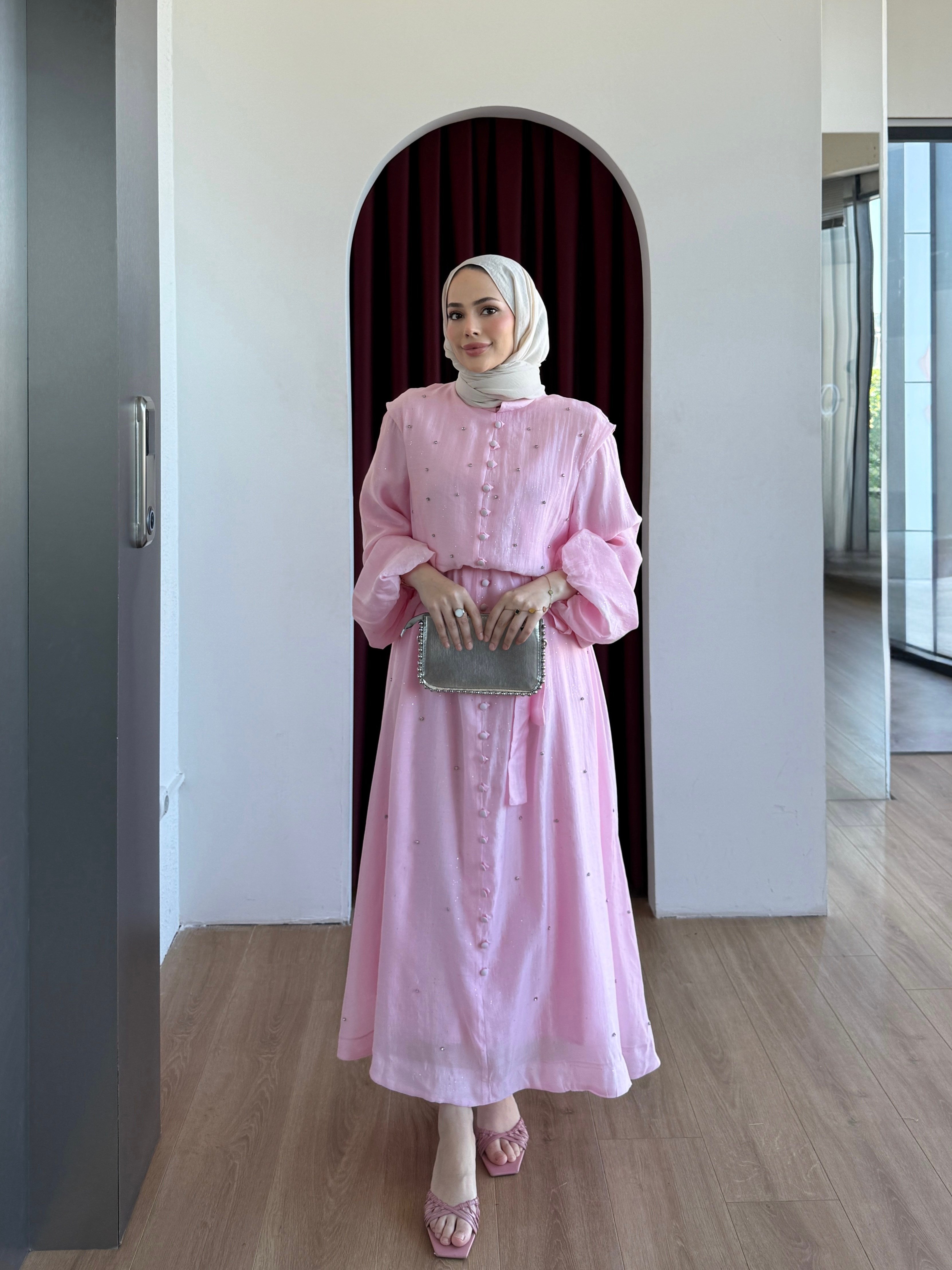 Simli Taşlı Organze Elbise Pembe