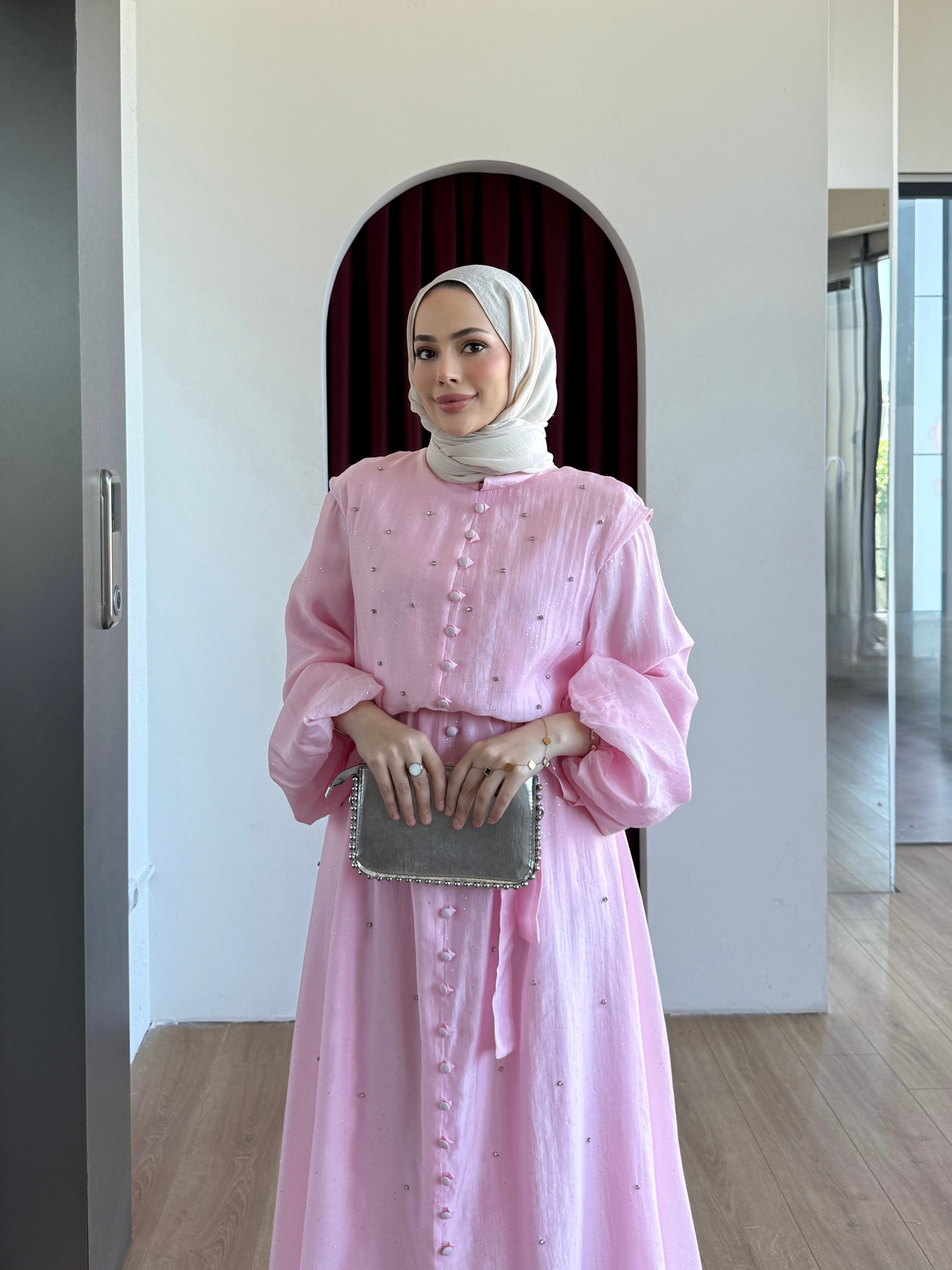 Simli Taşlı Organze Elbise Pembe
