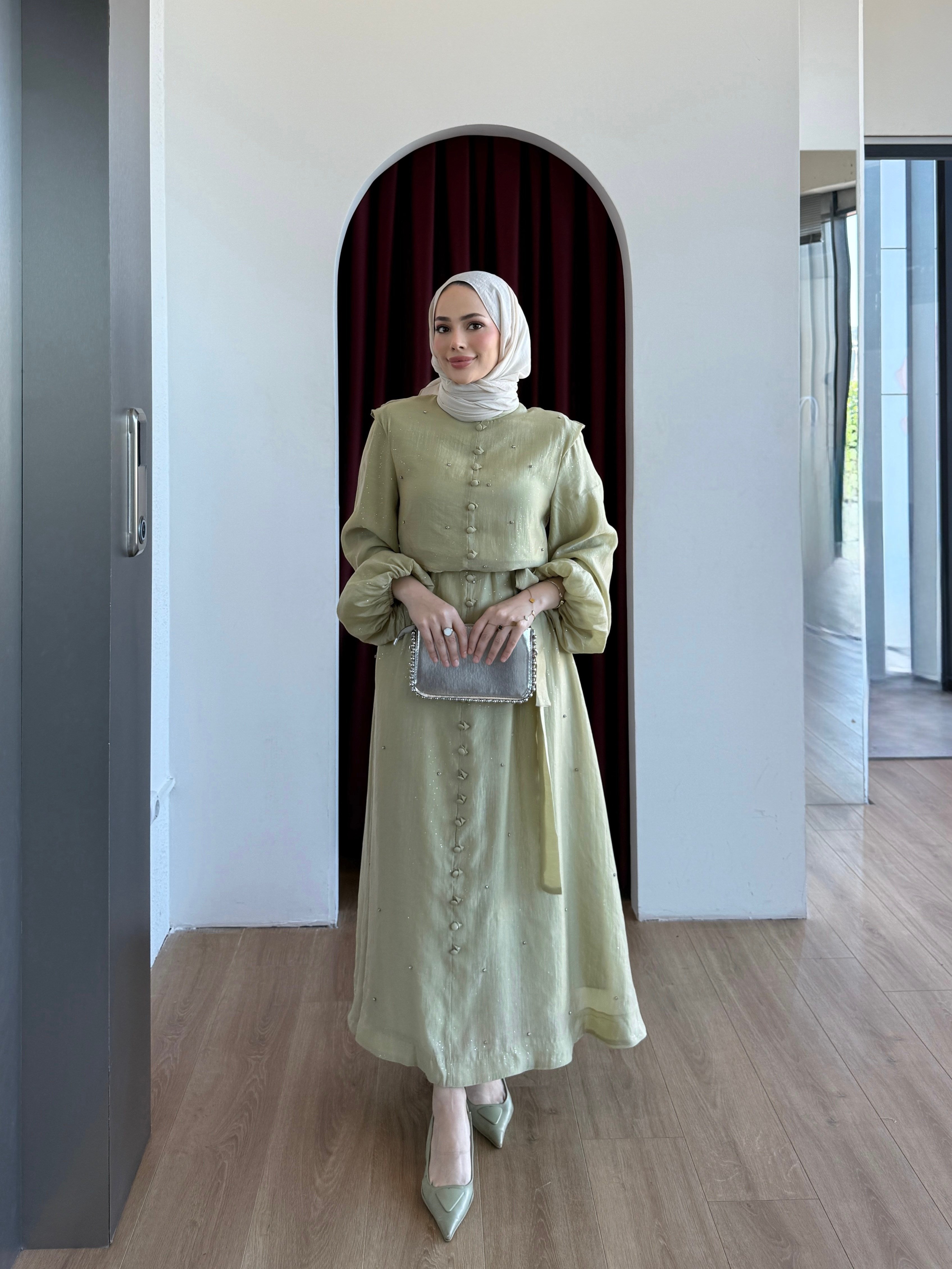 Simli Taşlı Organze Elbise Yeşil