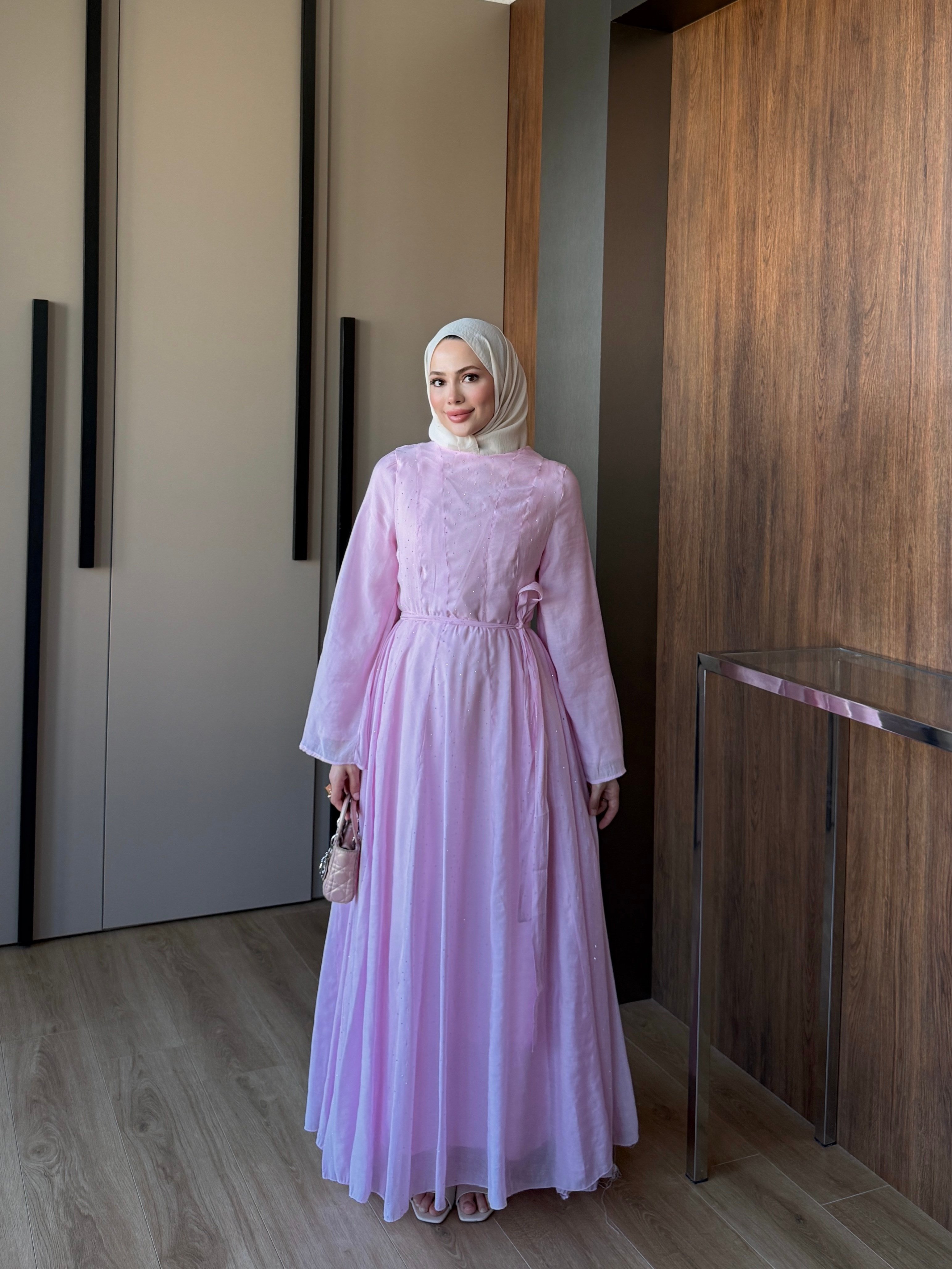 Taş Detaylı Vual Elbise Pembe