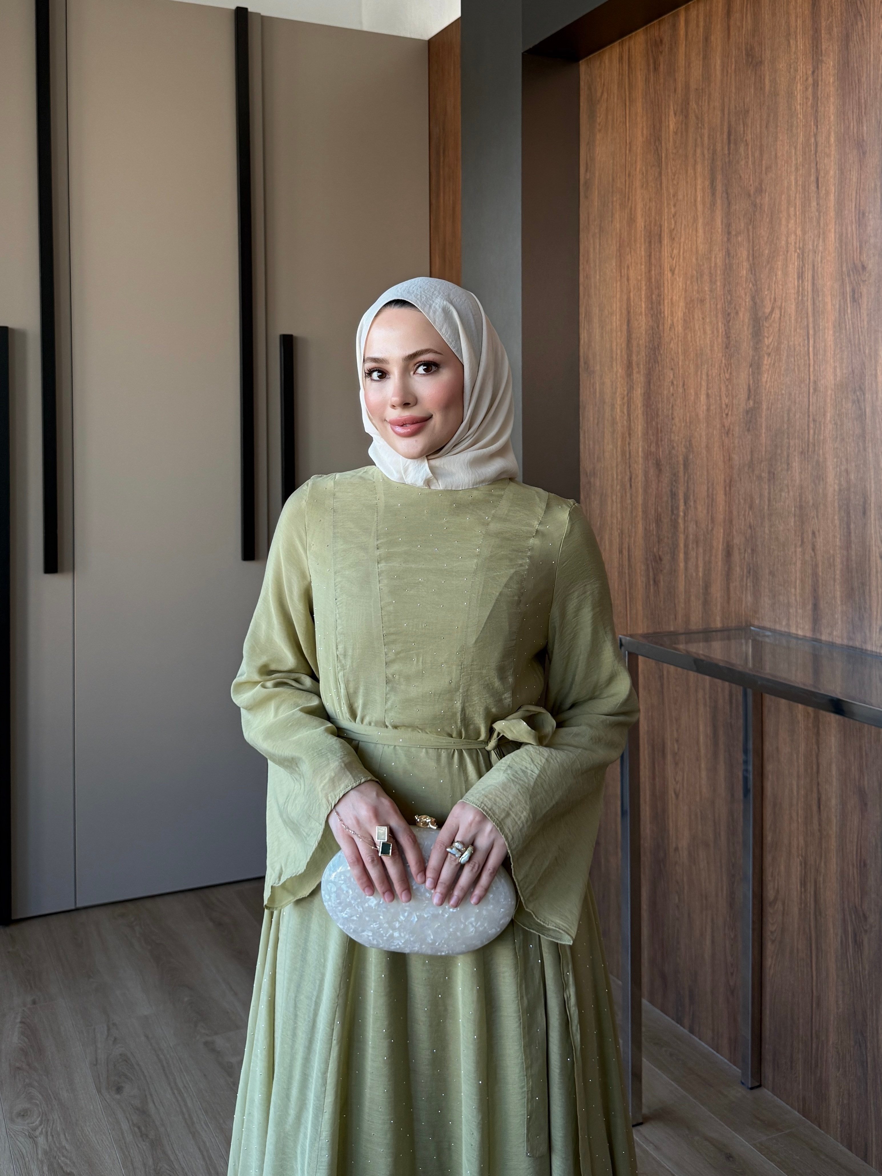 Taş Detaylı Vual Elbise Yeşil