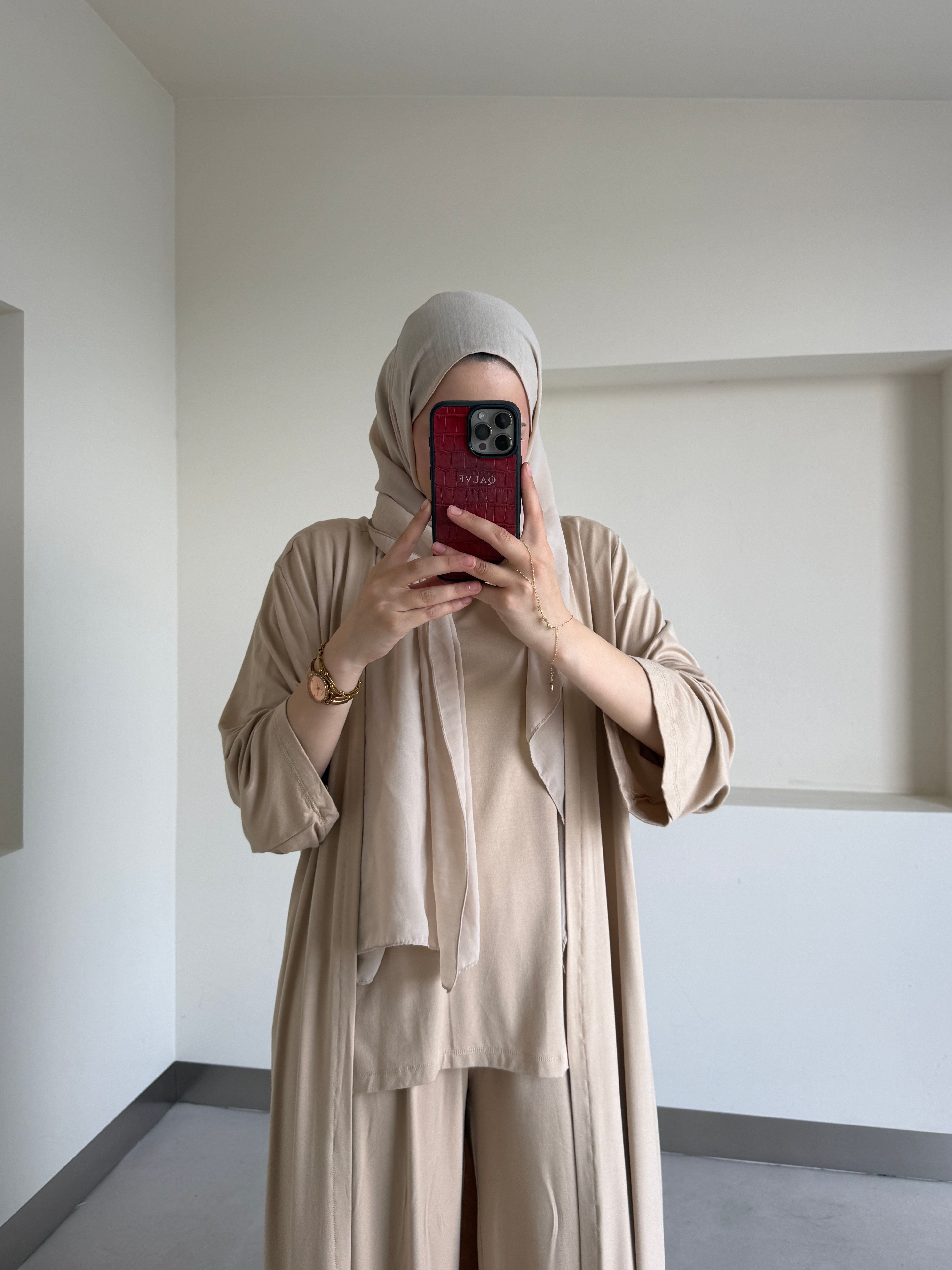 Uzun Kimono Detaylı Üçlü Takım Bej 