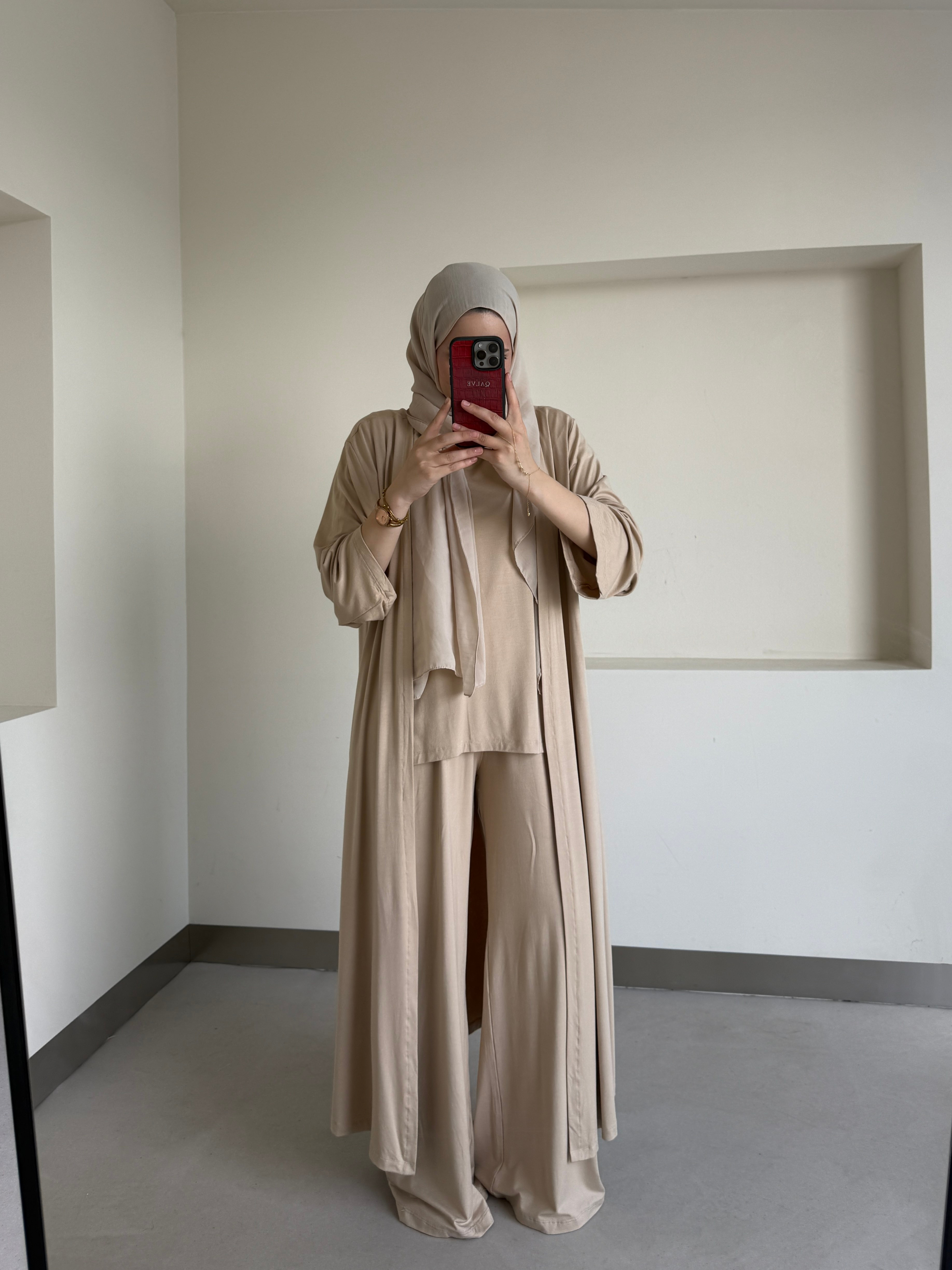 Uzun Kimono Detaylı Üçlü Takım Bej 