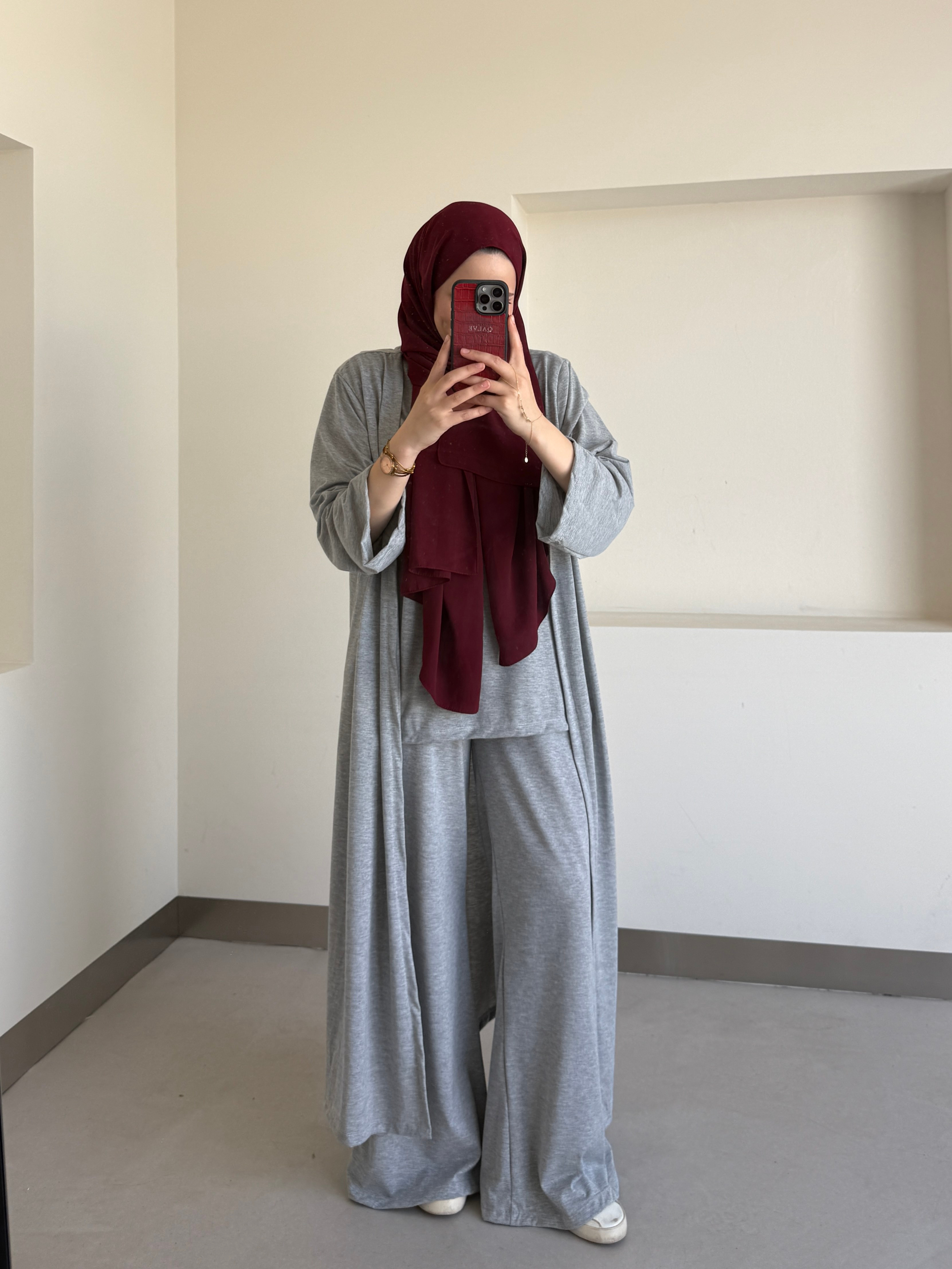 Uzun Kimono Detaylı Üçlü Takım Antrasit