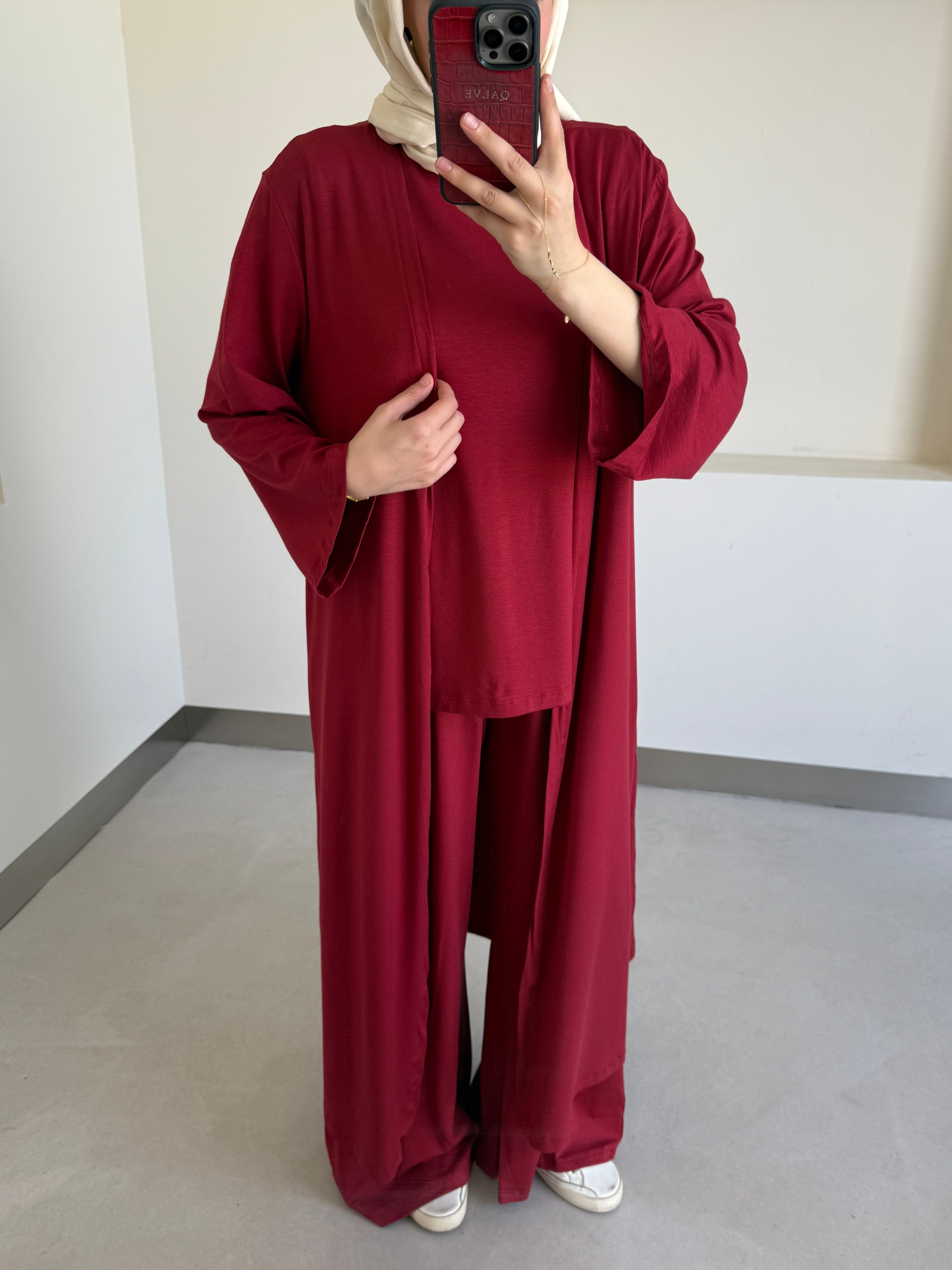 Uzun Kimono Detaylı Üçlü Takım Kırmızı