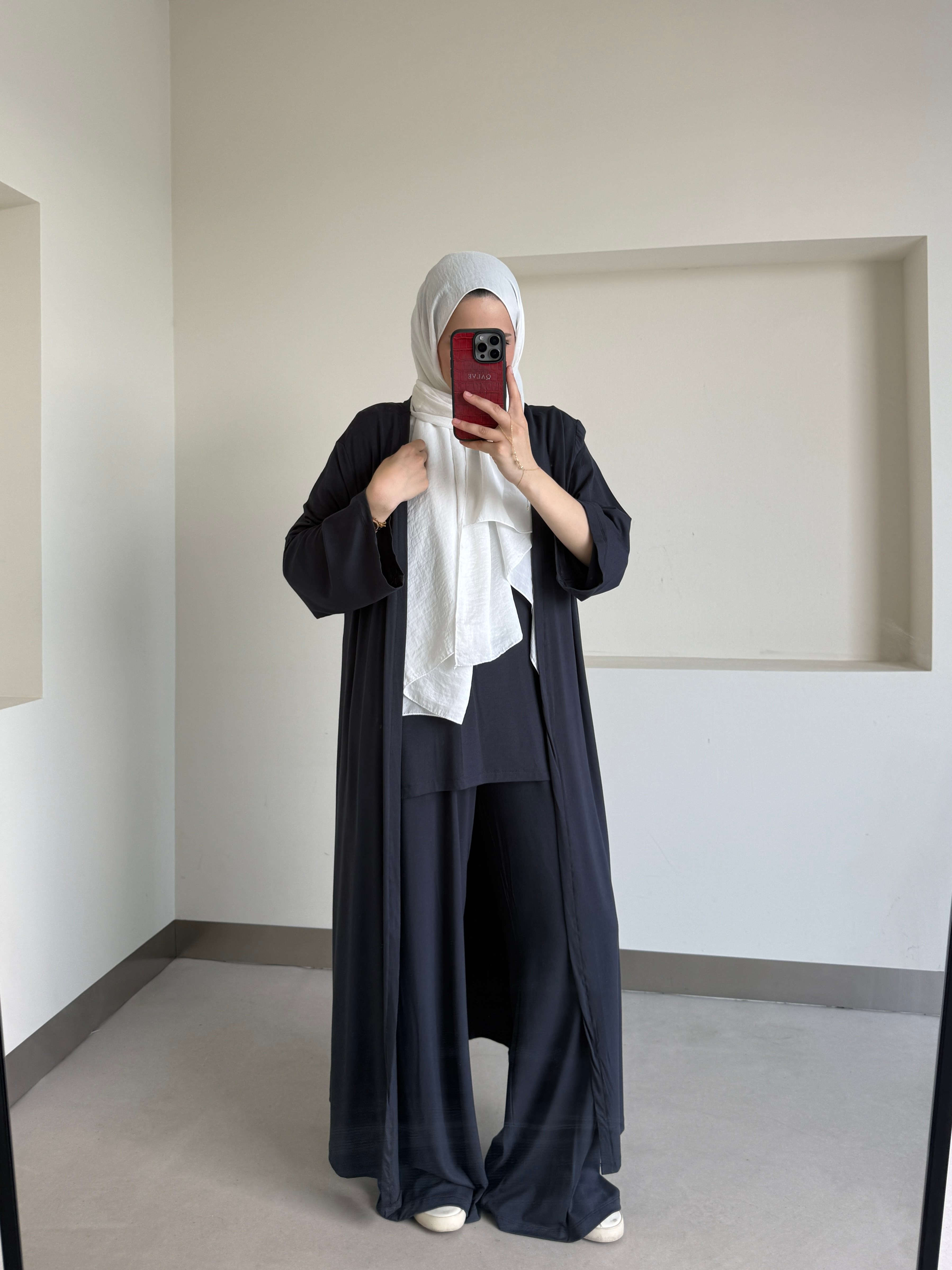 Uzun Kimono Detaylı Üçlü Takım Lacivert