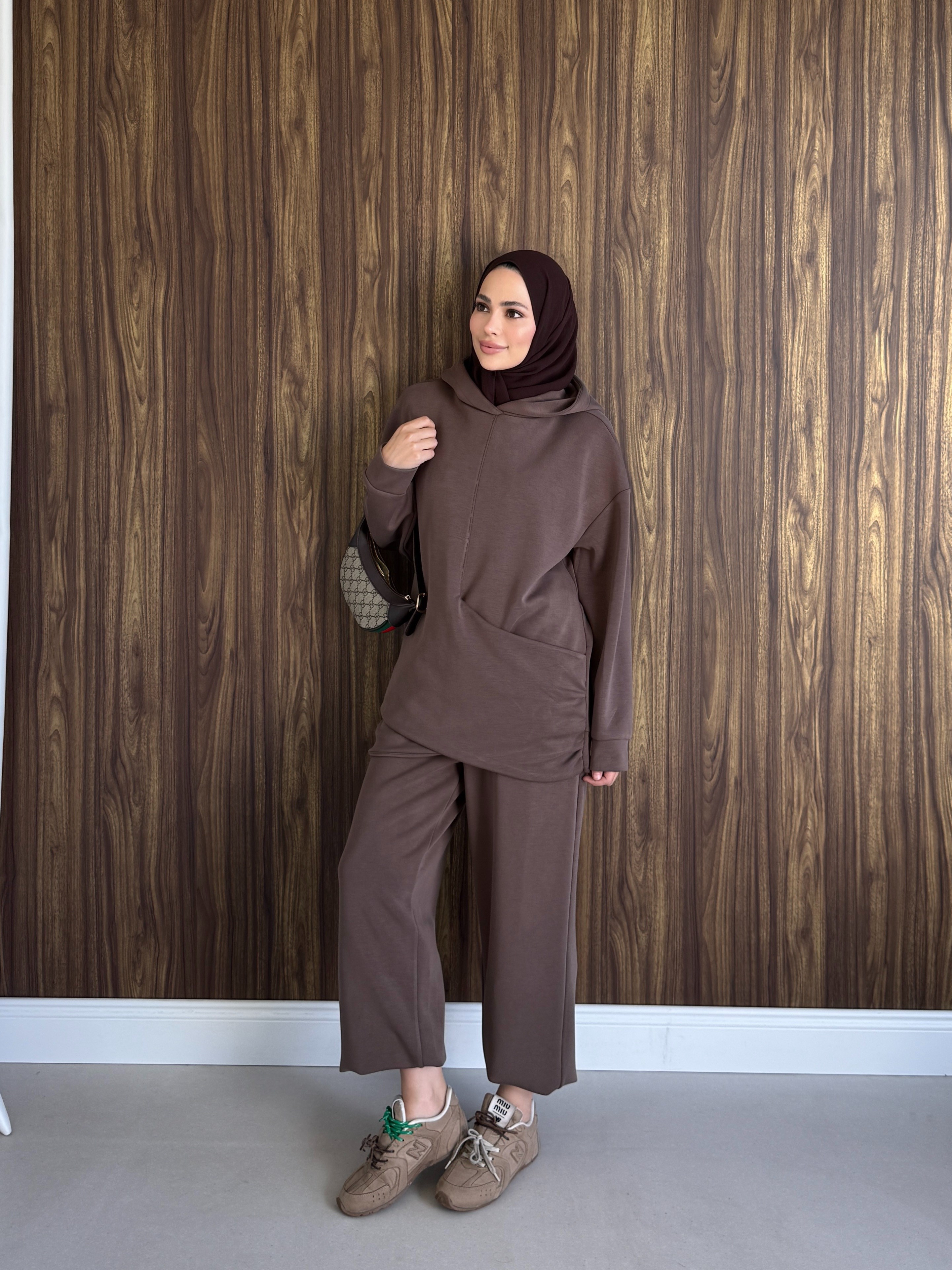 Uzun Sweatshirtlü Rahat İkili Takım Kahve