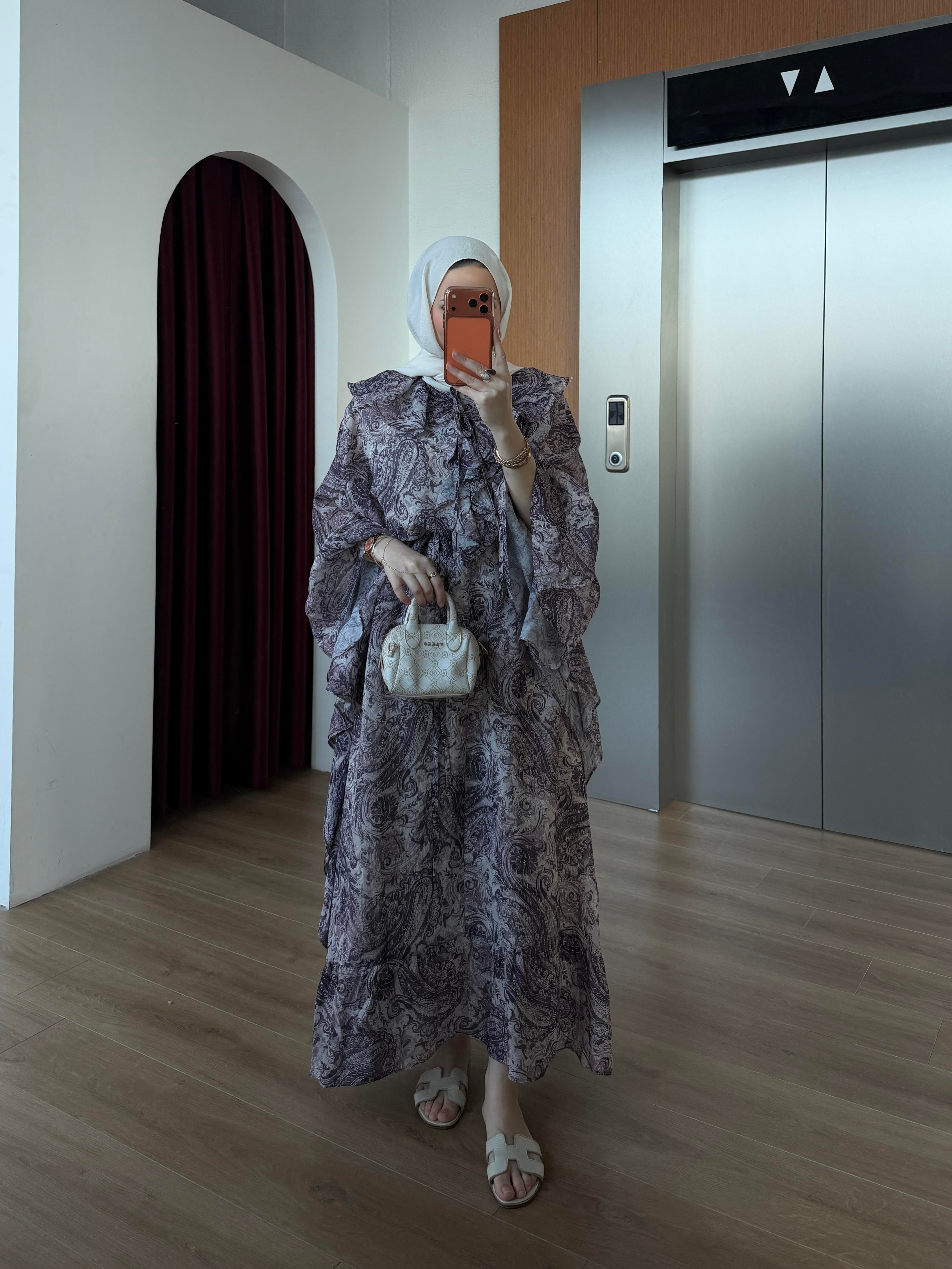 Yarasa Kol Desenli Şifon Elbise Mürdüm