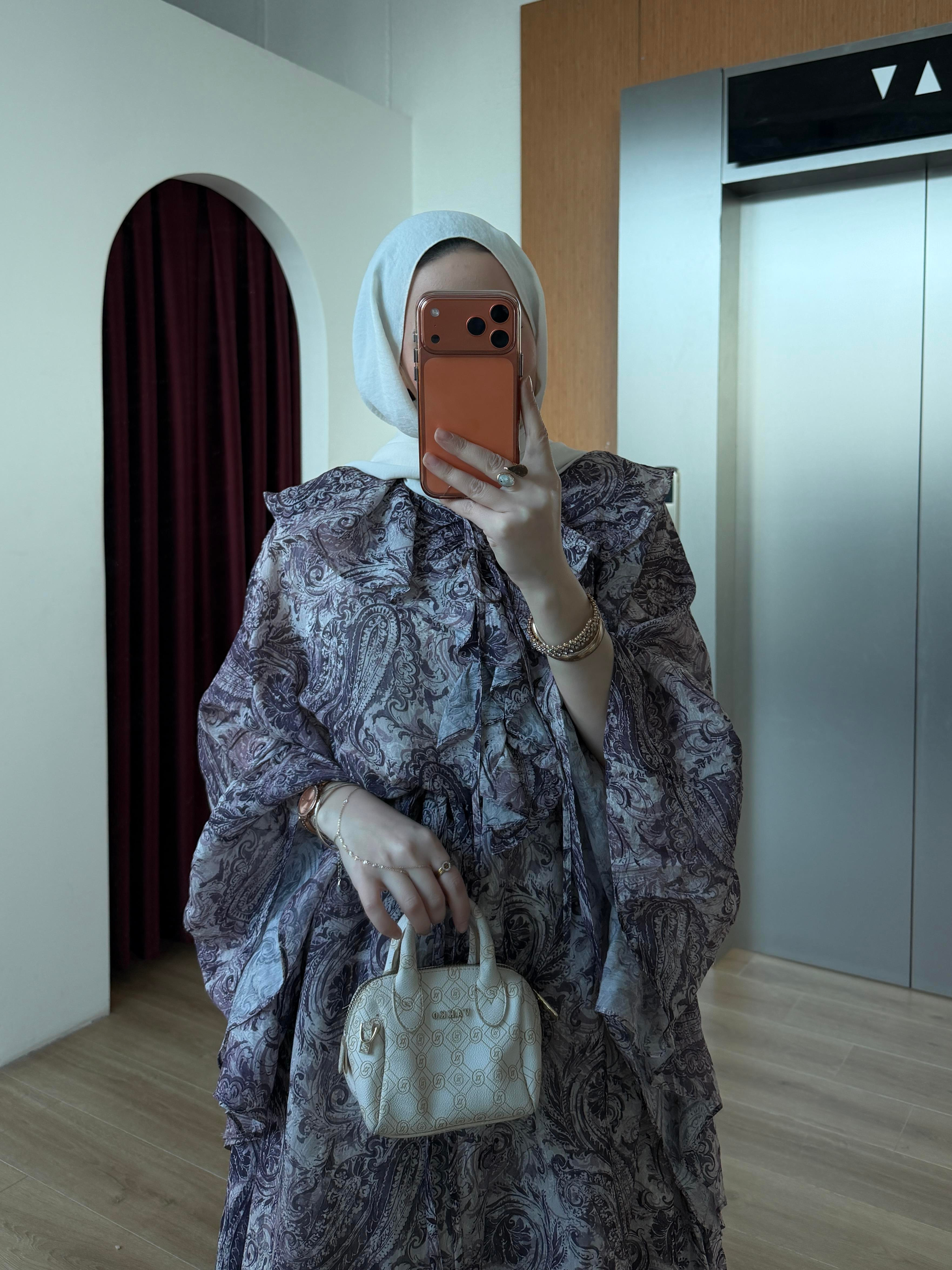 Yarasa Kol Desenli Şifon Elbise Mürdüm