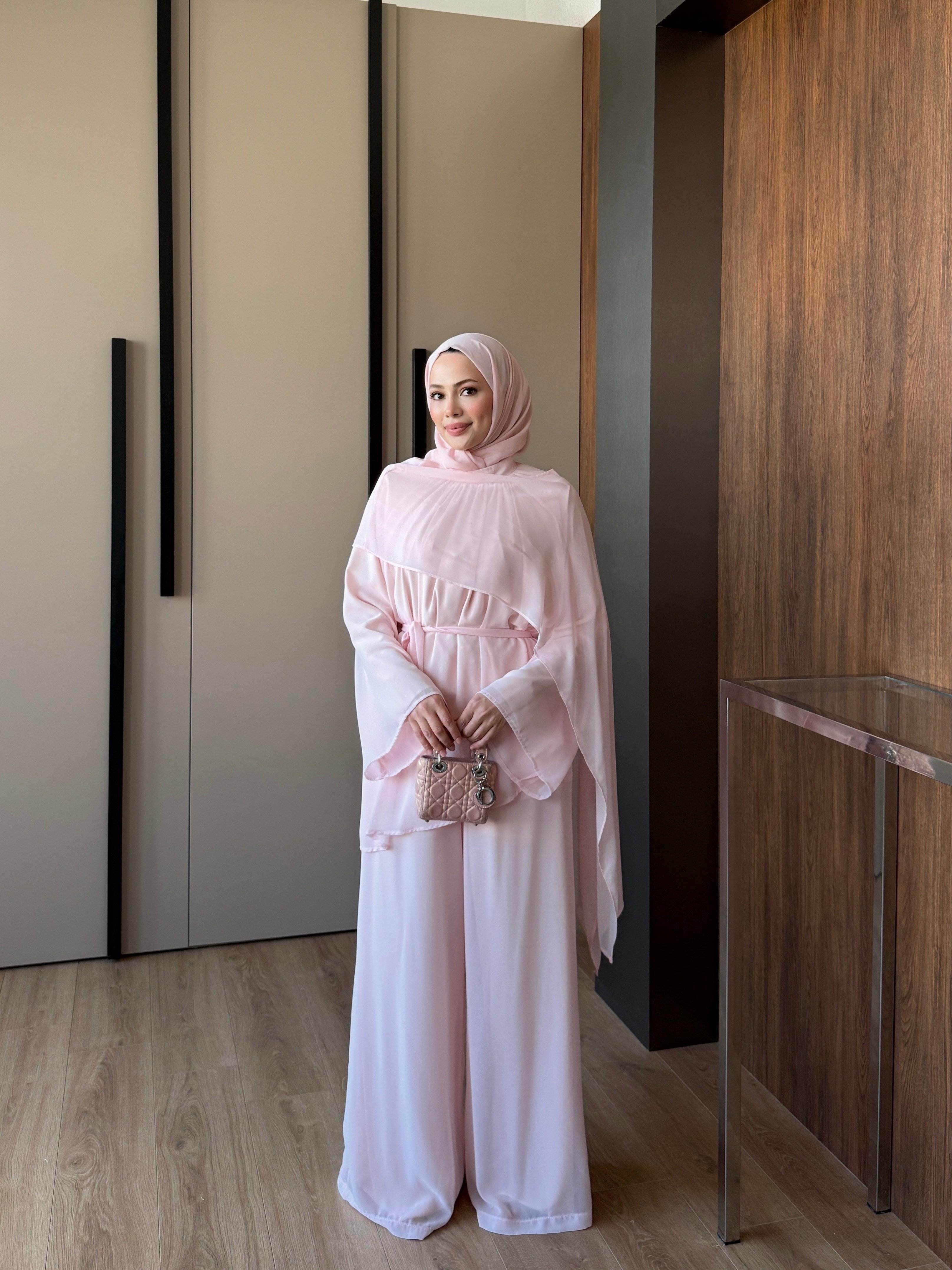 Yarasa Kol Pelerinli Şifon Takım Pembe