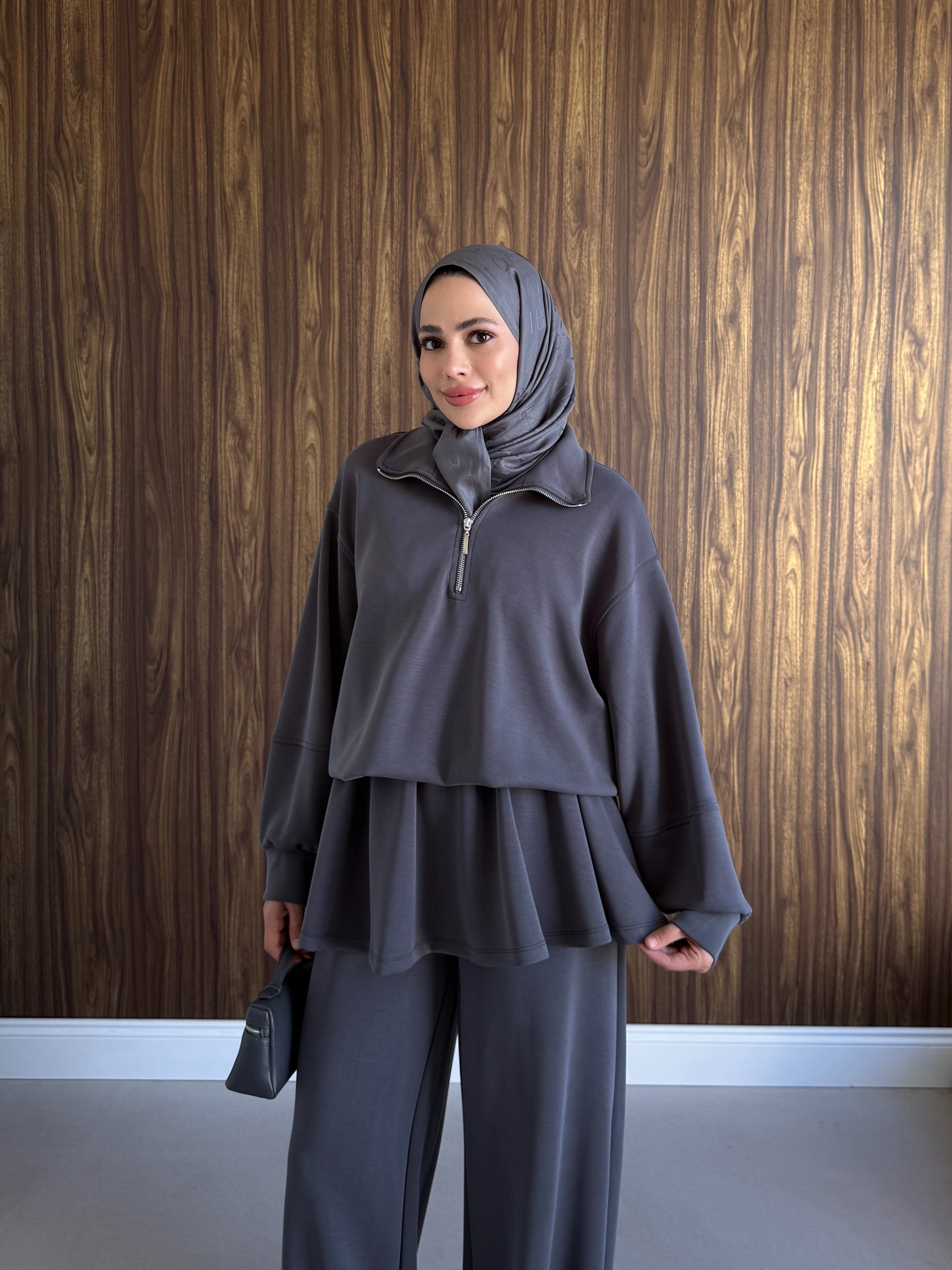 Yarım Fermuarlı Dik Yaka İkili Takım Füme