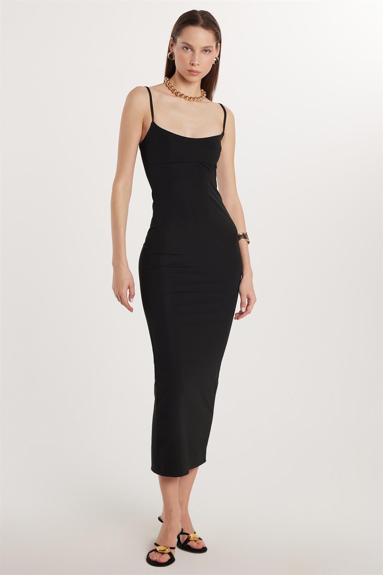 Kadın Slim Fit Dar Kesim İnce Askılı Kare Yaka Siyah Elbise