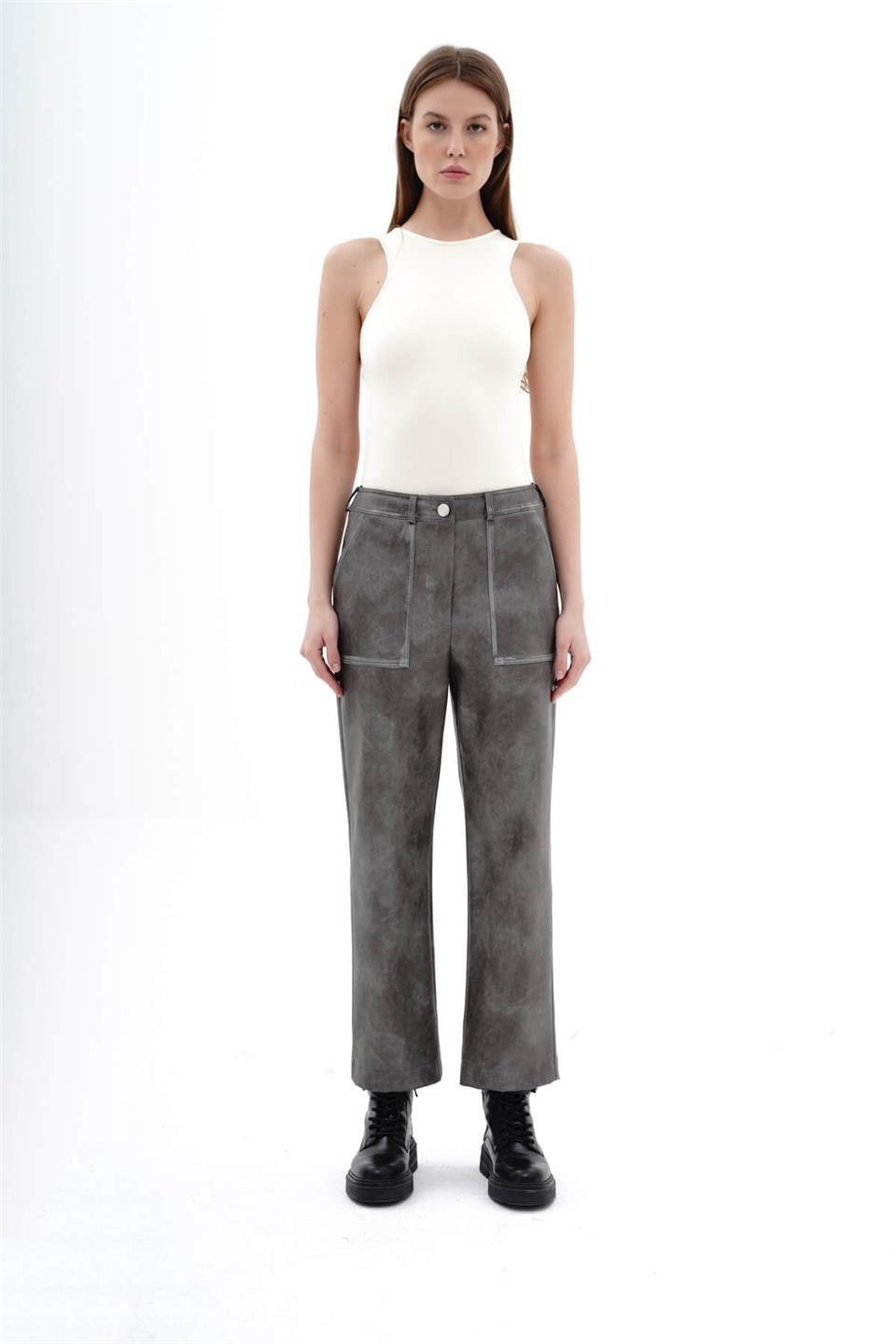 031247 WRIST LENGTH PU-LEATHER PANTS WITH PATCH POCKETS