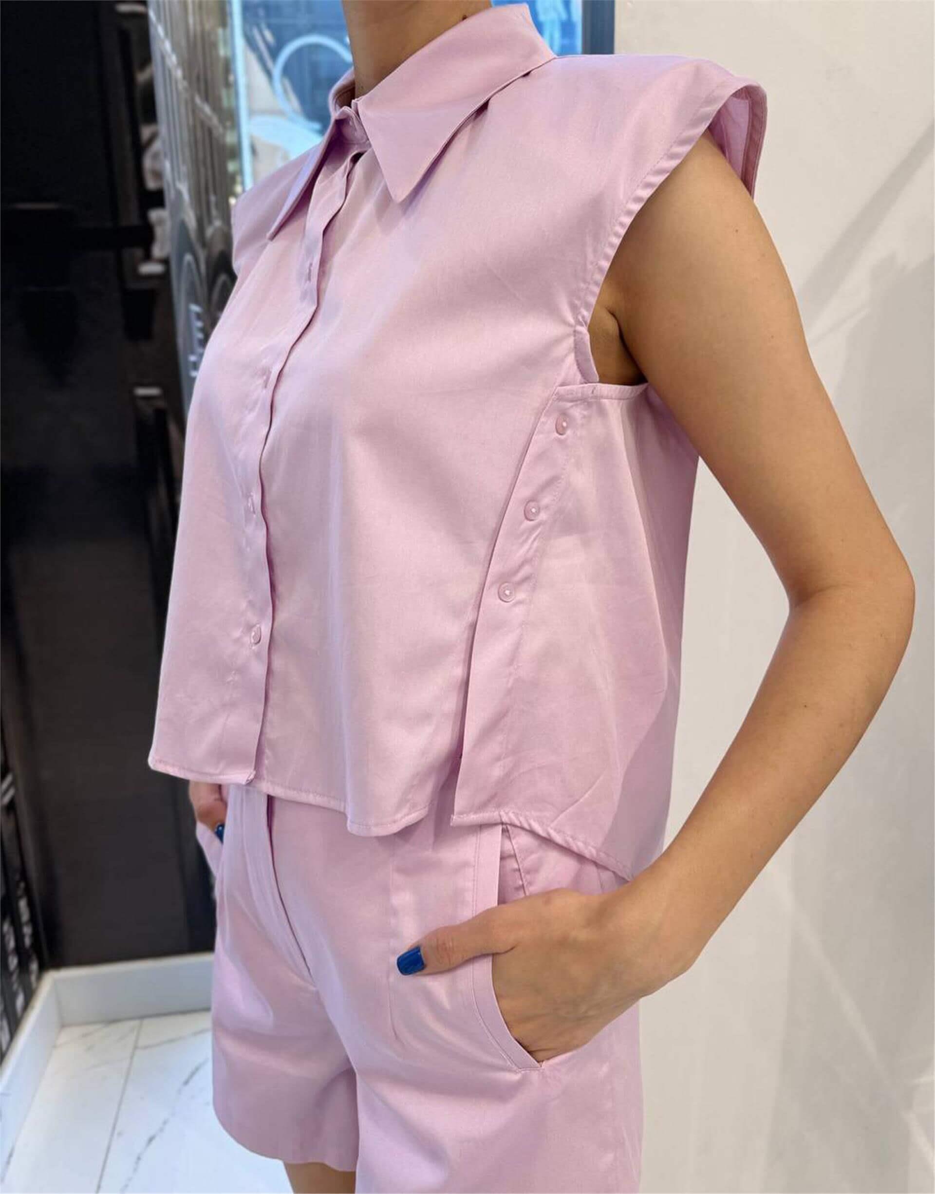 080476 SLEEVELESS BUTTON UP SHIRT WITH SIDE BUTTON DETAIL