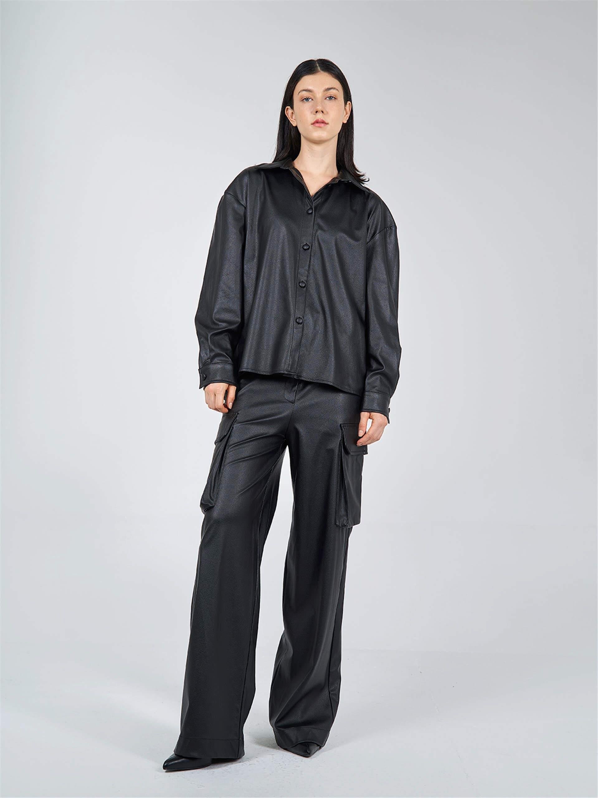 080522 PU-LEATHER BUTTON UP SHIRT WITH BACK DECOLLETE 080514