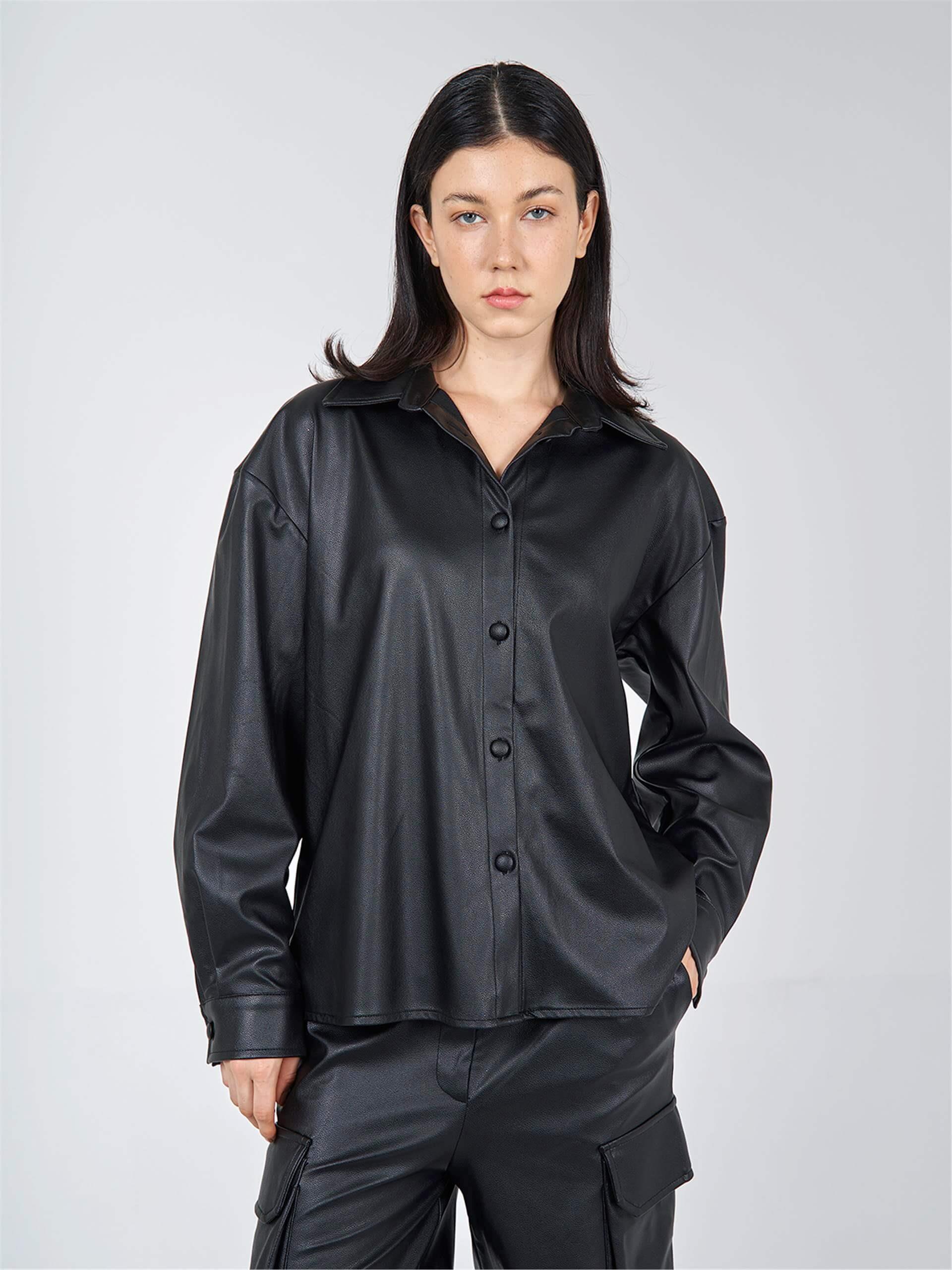 080522 PU-LEATHER BUTTON UP SHIRT WITH BACK DECOLLETE 080514