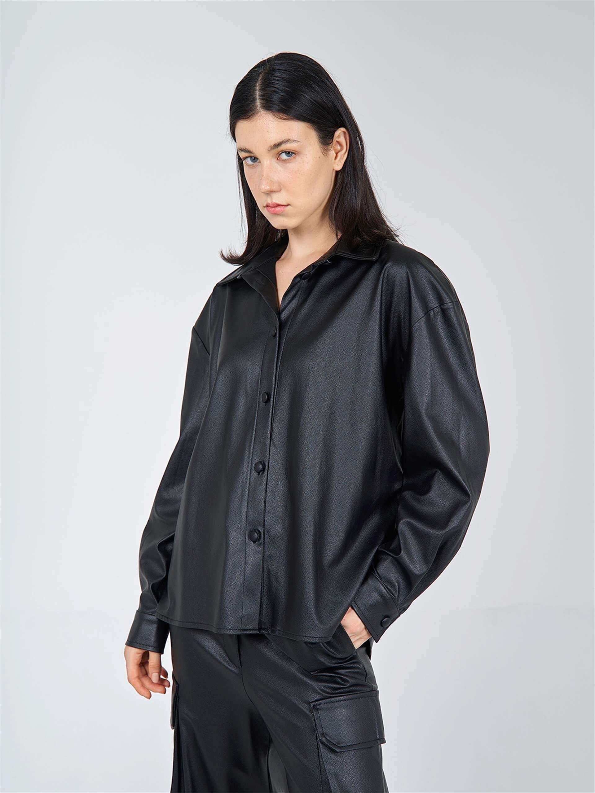 080522 PU-LEATHER BUTTON UP SHIRT WITH BACK DECOLLETE 080514