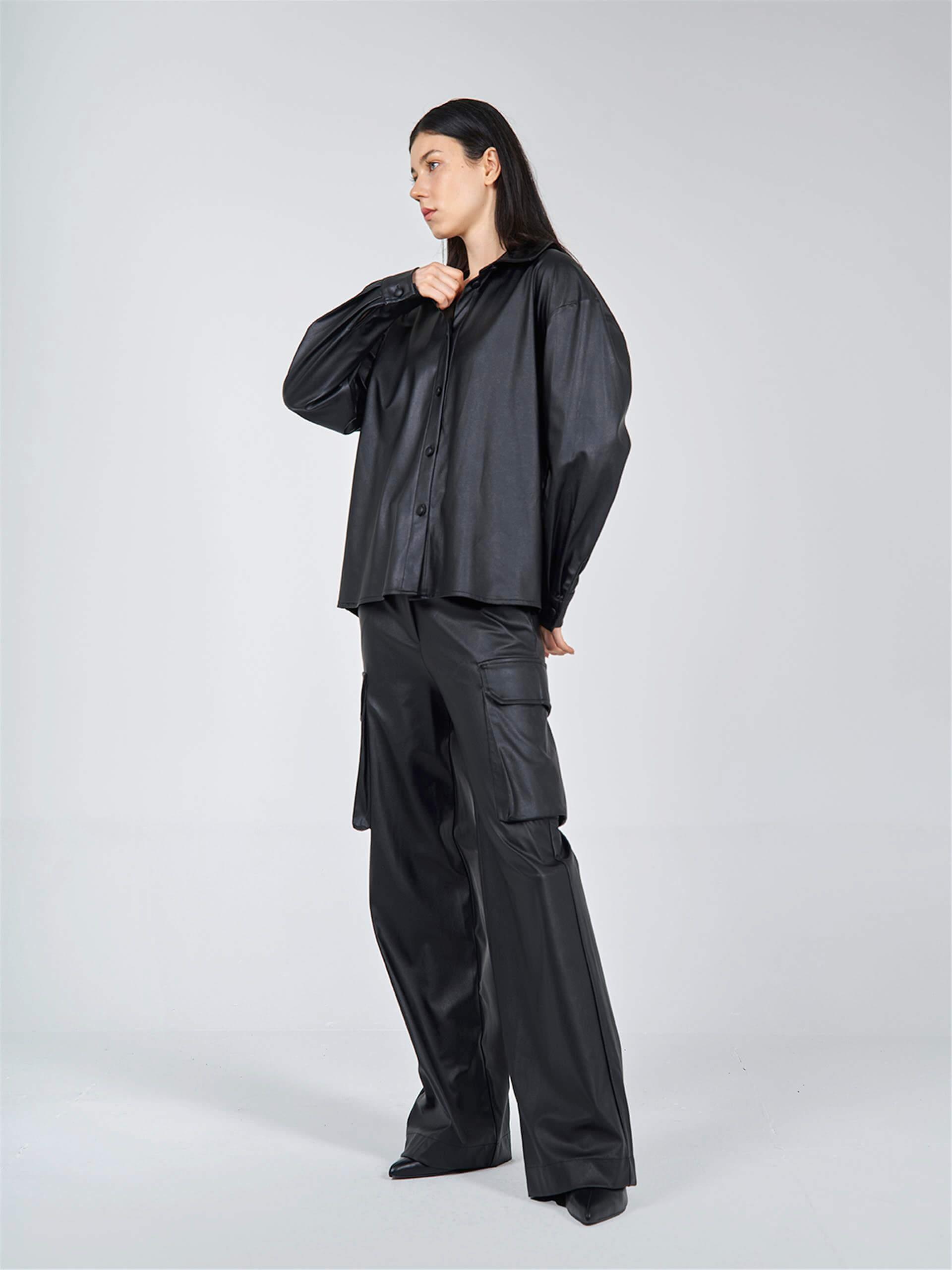 080522 PU-LEATHER BUTTON UP SHIRT WITH BACK DECOLLETE 080514