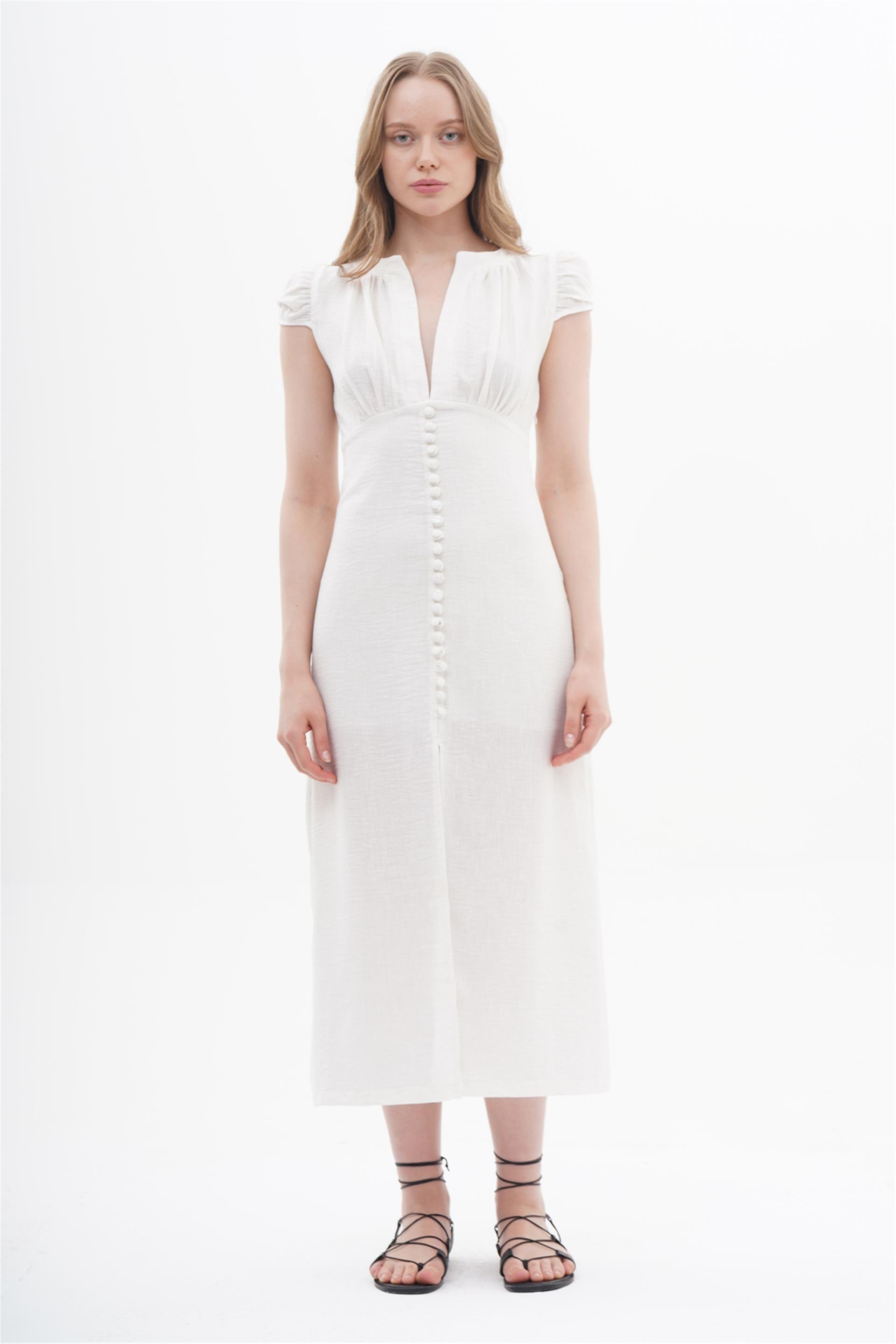 111207 LONG BUTTON UP DRESS WITH TINY SLEEVES AND SLIT