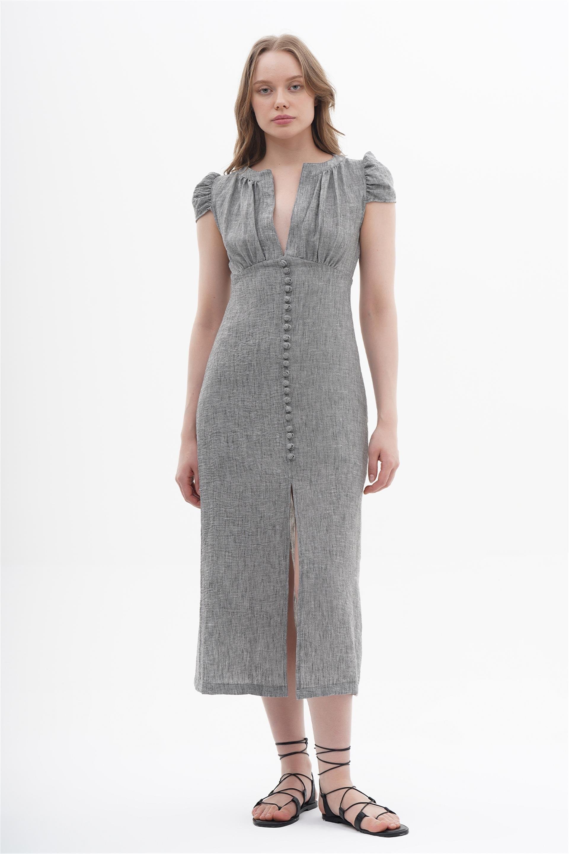 111207 LONG BUTTON UP DRESS WITH TINY SLEEVES AND SLIT