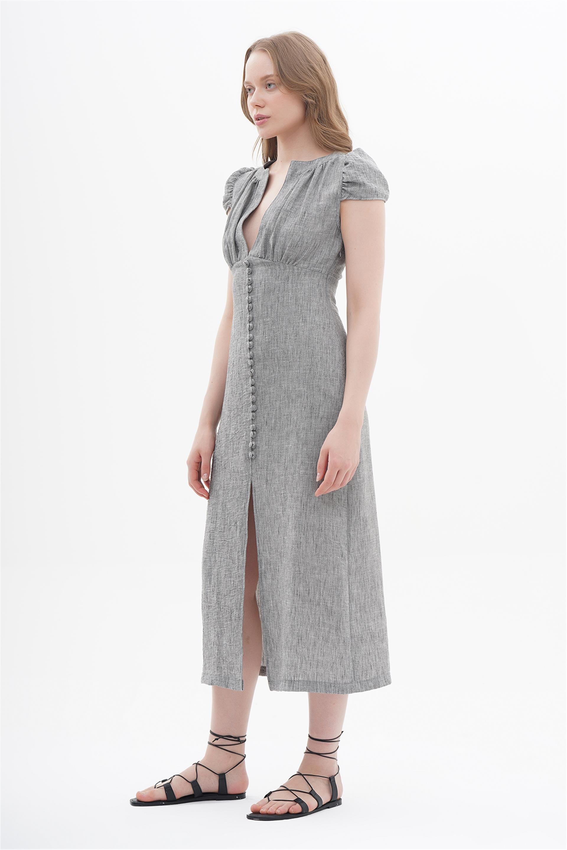 111207 LONG BUTTON UP DRESS WITH TINY SLEEVES AND SLIT