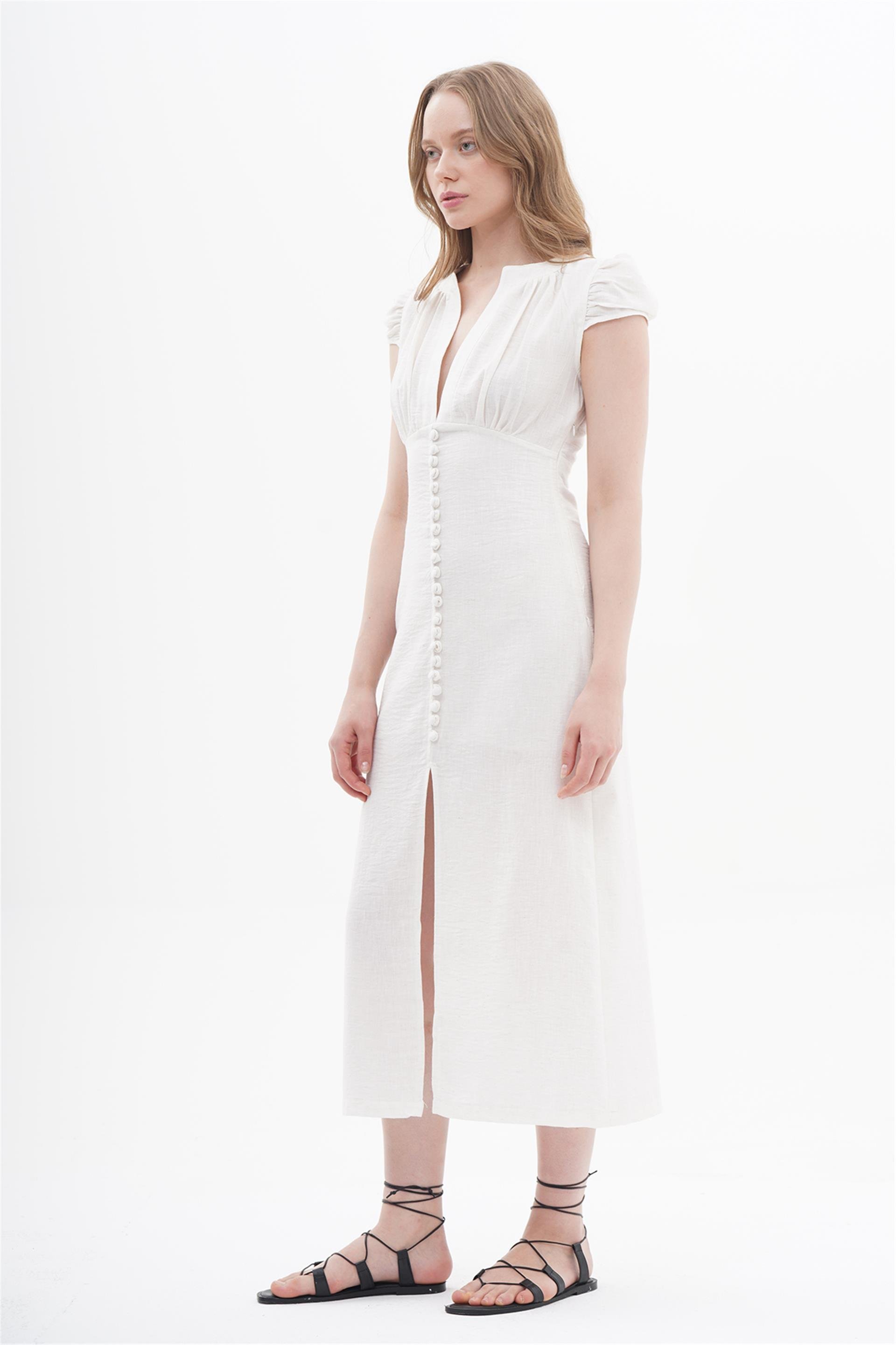 111207 LONG BUTTON UP DRESS WITH TINY SLEEVES AND SLIT