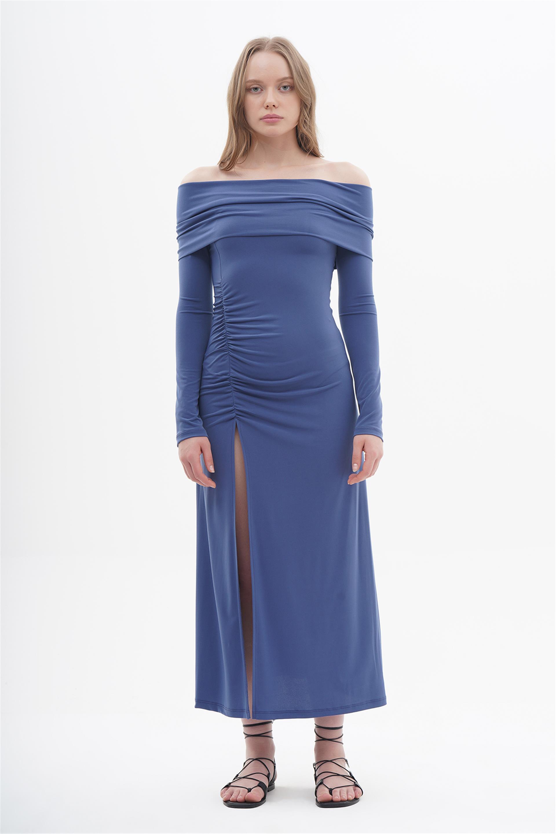 111239 RUFFLED LONG JERSEY DRESS WITH LONG SLEEVE AND DEEP SLIT