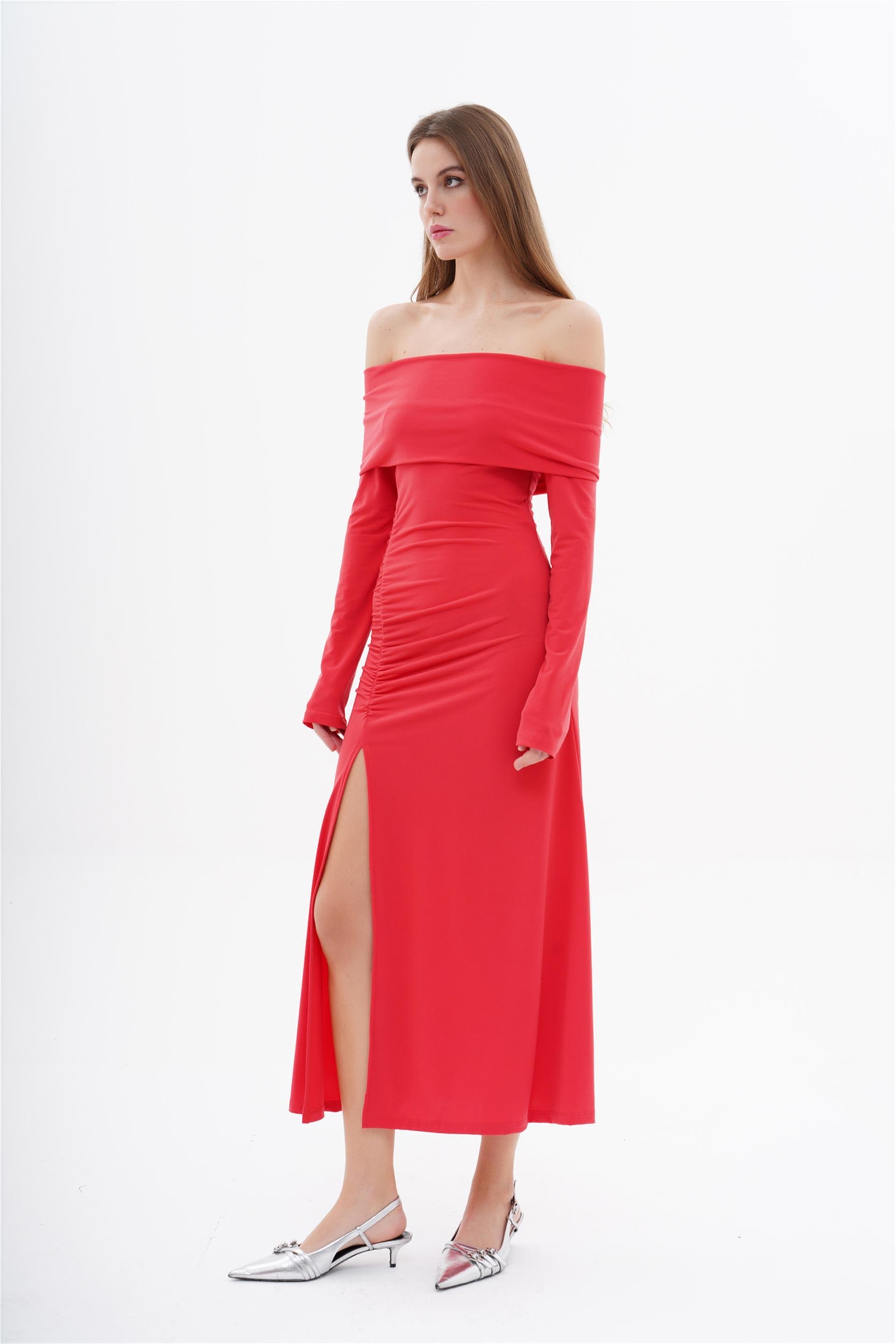 111239 RUFFLED LONG JERSEY DRESS WITH LONG SLEEVE AND DEEP SLIT