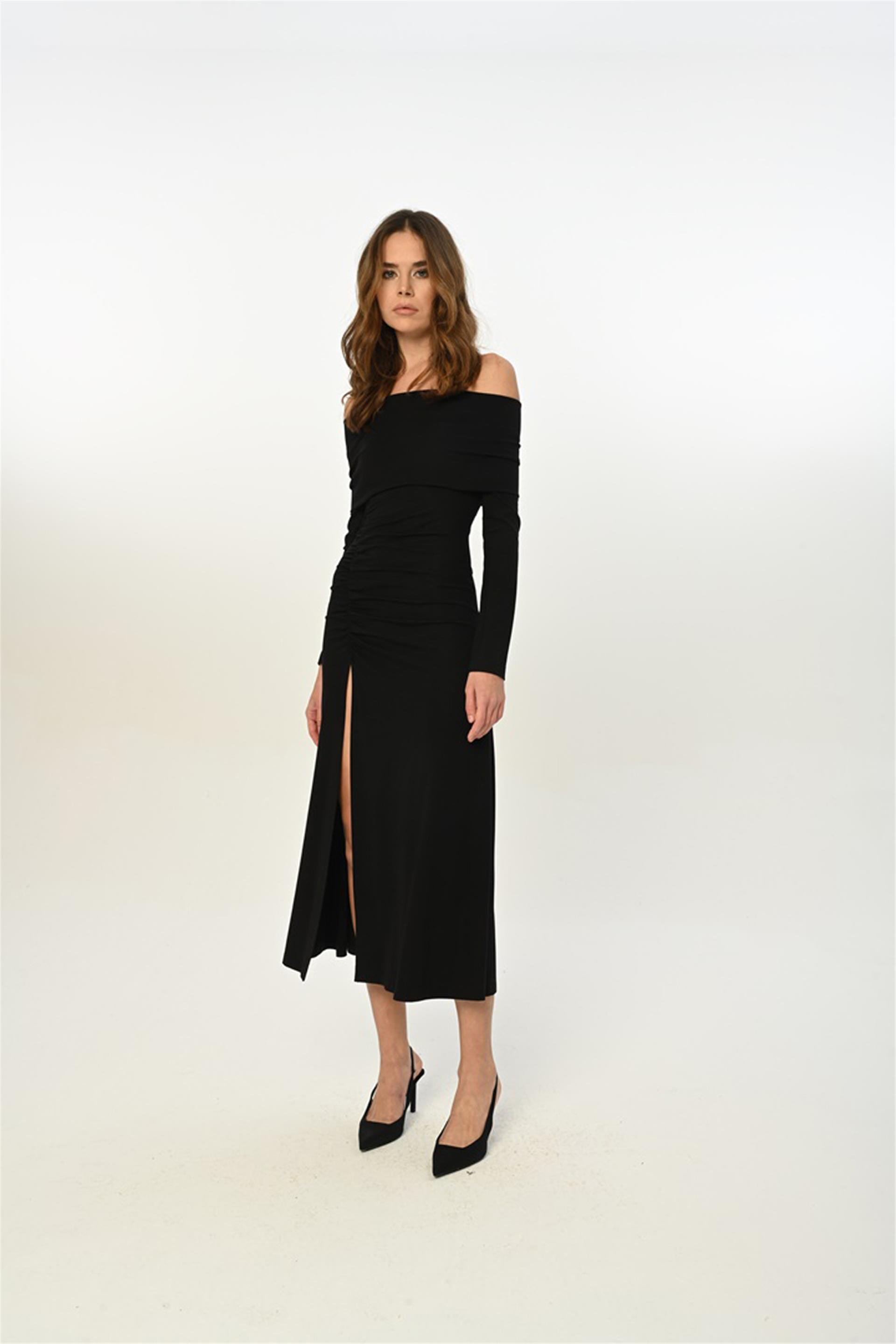 111239 RUFFLED LONG JERSEY DRESS WITH LONG SLEEVE AND DEEP SLIT