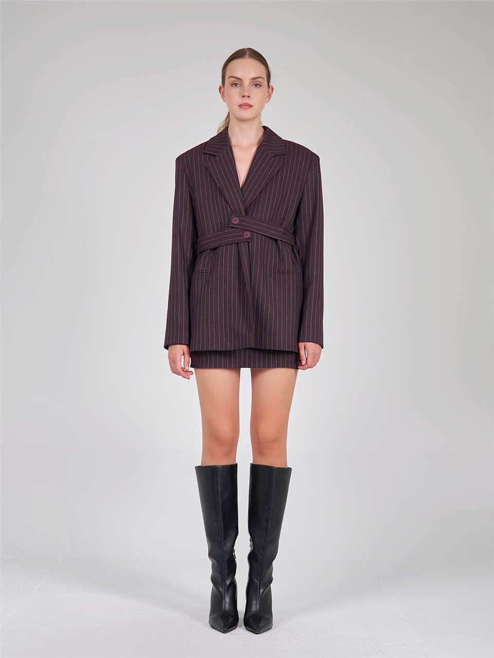 130813 STRIPED BLAZER WITH WAIST CINCH BELT