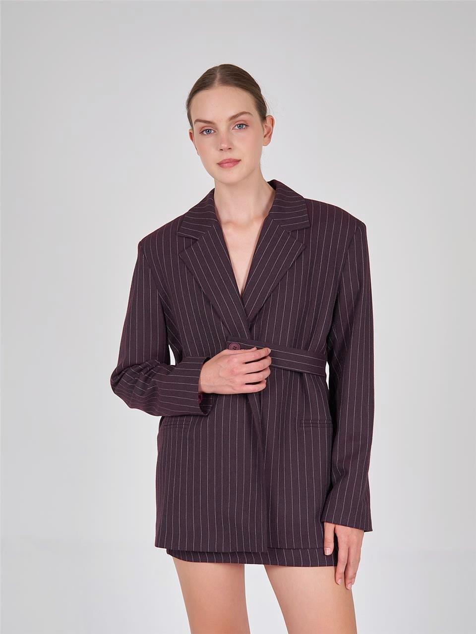 130813 STRIPED BLAZER WITH WAIST CINCH BELT